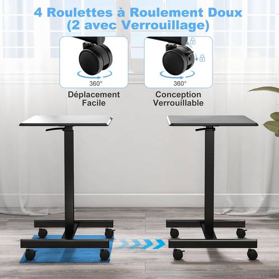 Bureau Assis Debout, Table de Lit à Roulette, Vérin Pneumatique,4 Roulettes,Charge 80kg, Bureau Réglable en Hauteur 74-108 CM, Noir - Imagen 5