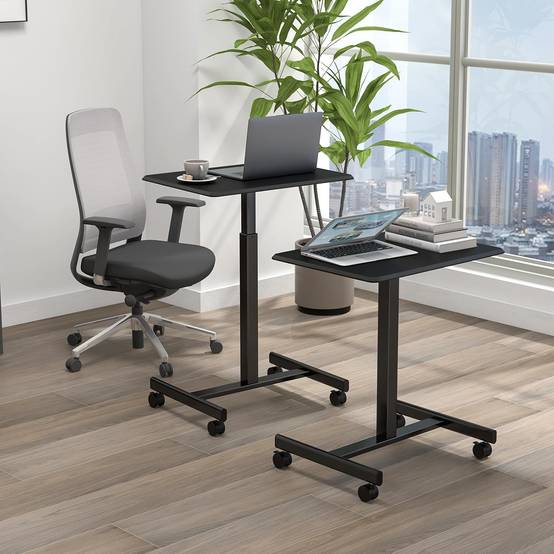 Bureau Assis Debout, Table de Lit à Roulette, Vérin Pneumatique,4 Roulettes,Charge 80kg, Bureau Réglable en Hauteur 74-108 CM, Noir - Imagen 2