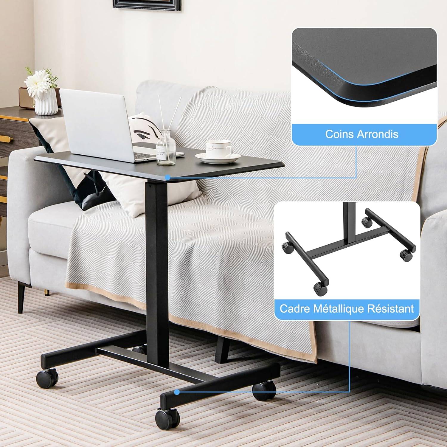 Bureau Assis Debout, Table de Lit à Roulette, Vérin Pneumatique,4 Roulettes,Charge 80kg, Bureau Réglable en Hauteur 74-108 CM, Noir - Imagen 7