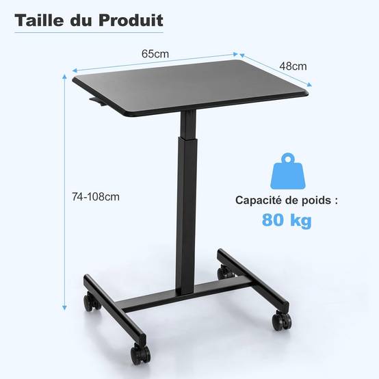 Bureau Assis Debout, Table de Lit à Roulette, Vérin Pneumatique,4 Roulettes,Charge 80kg, Bureau Réglable en Hauteur 74-108 CM, Noir - Imagen 3