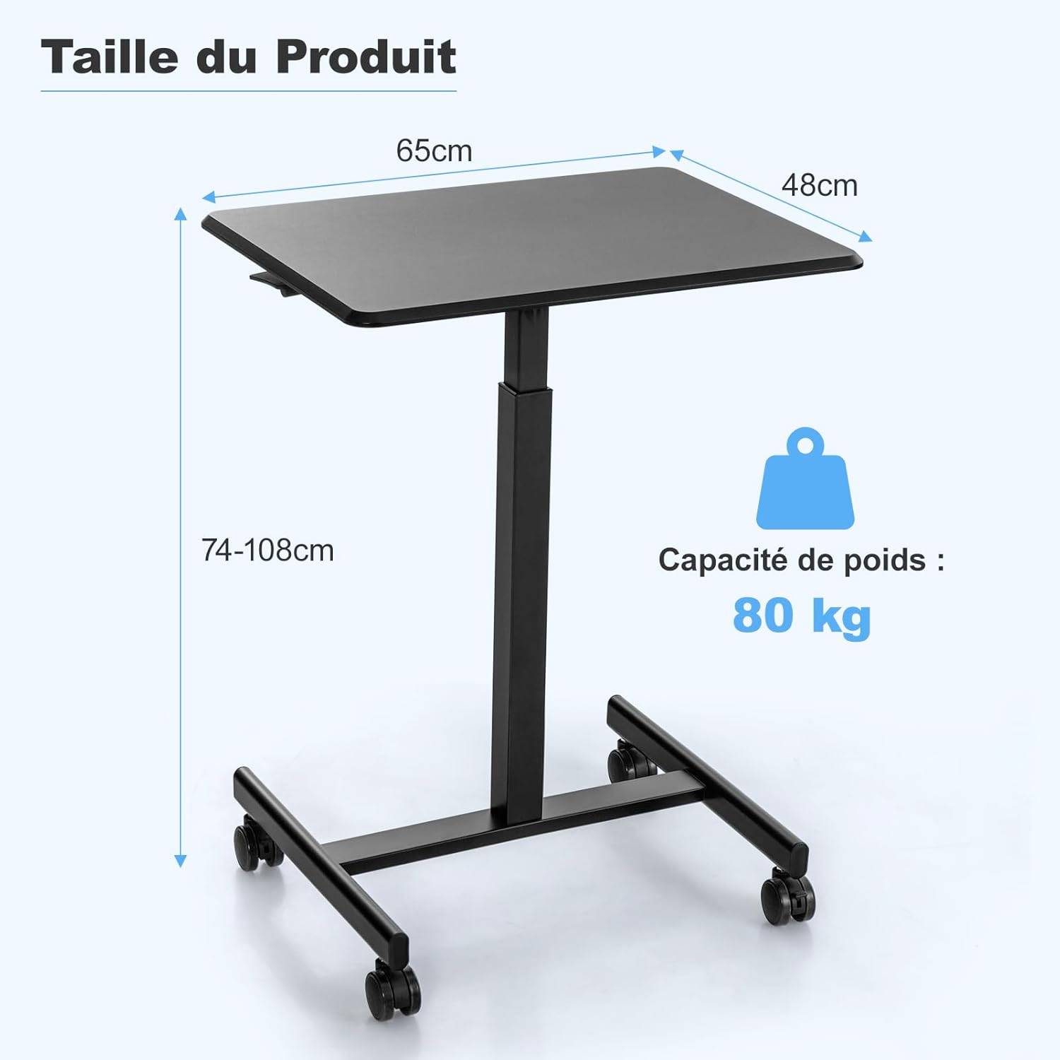 Bureau Assis Debout, Table de Lit à Roulette, Vérin Pneumatique,4 Roulettes,Charge 80kg, Bureau Réglable en Hauteur 74-108 CM, Noir - Imagen 3