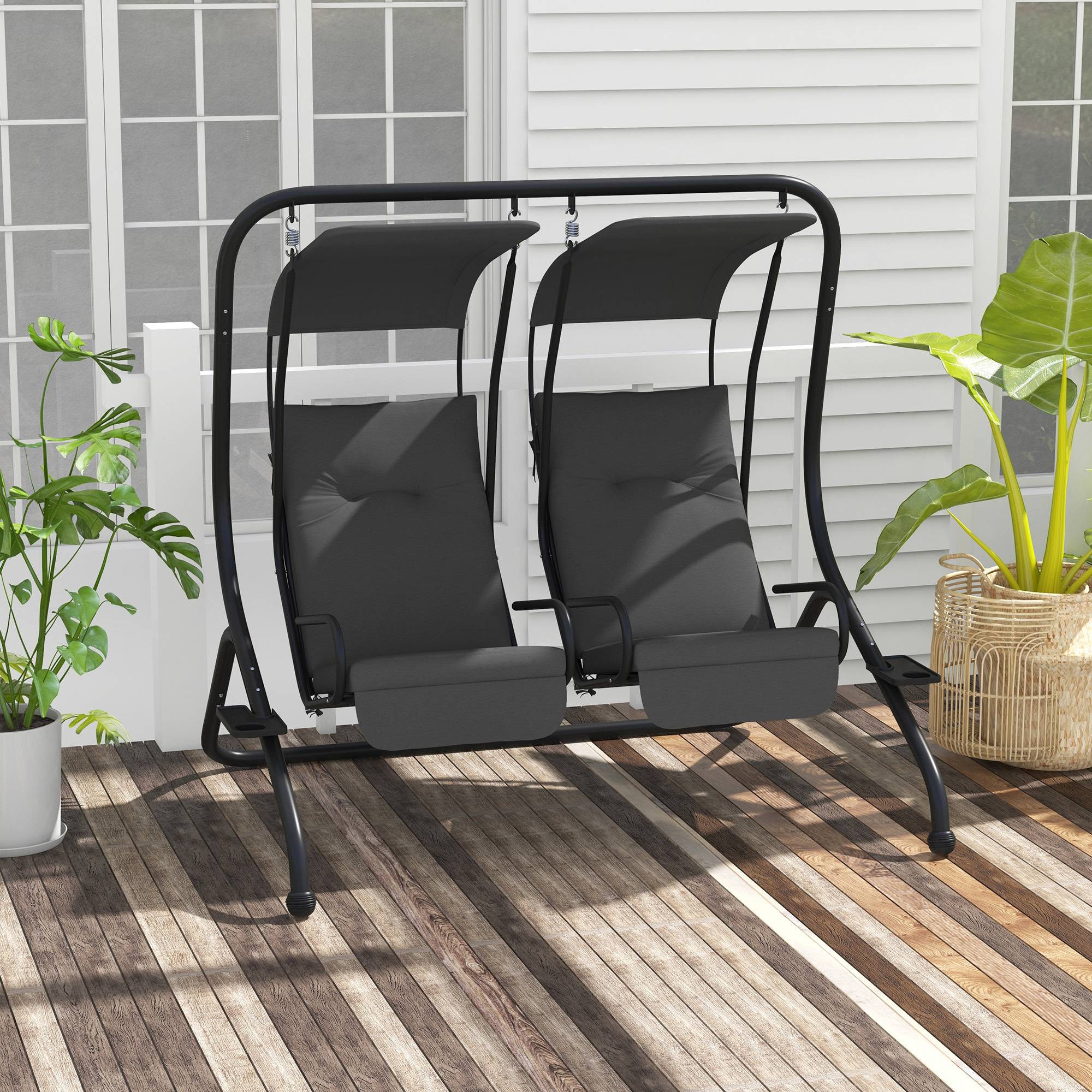 Outsunny - Balancelle de jardin 2 places indépendantes 2 tablettes supports coussins assise dossier grand confort acier noir polyester gris - Outsunny - Imagen 2