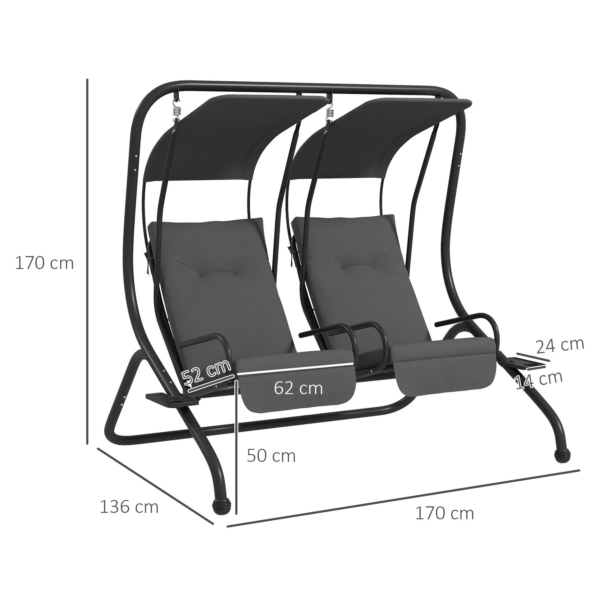 Outsunny - Balancelle de jardin 2 places indépendantes 2 tablettes supports coussins assise dossier grand confort acier noir polyester gris - Outsunny - Imagen 3