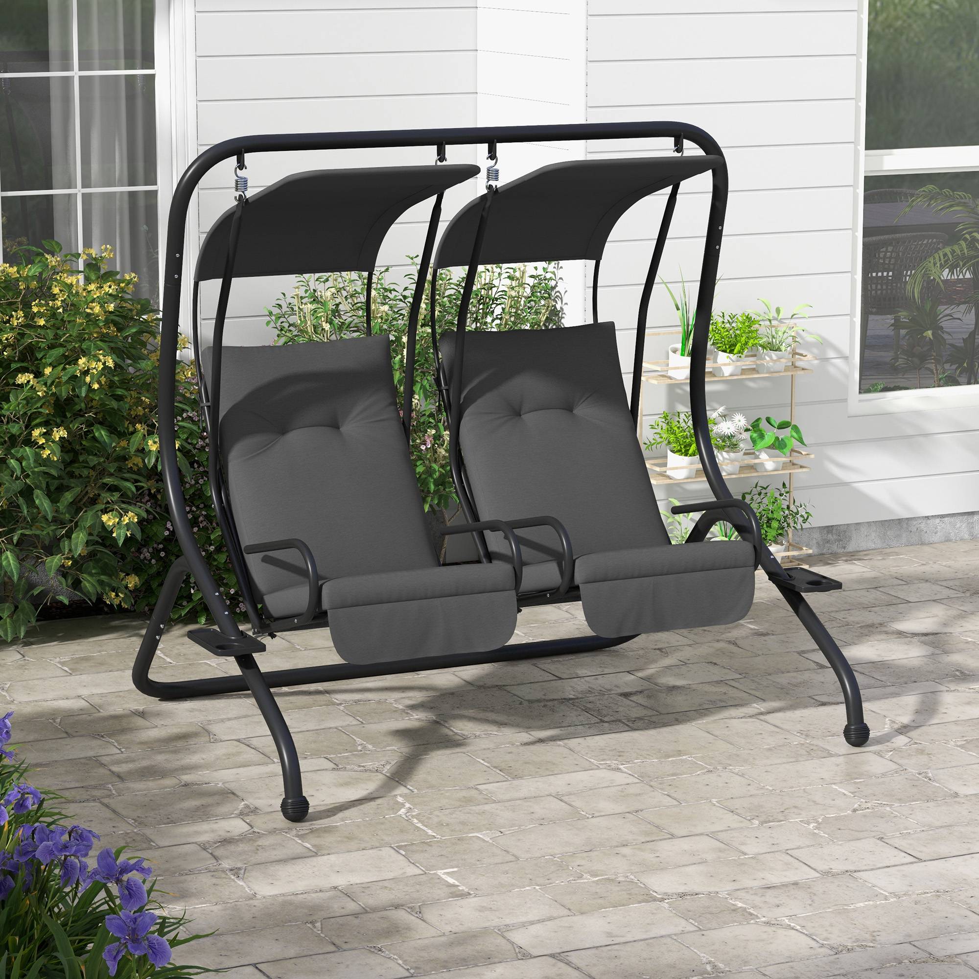 Outsunny - Balancelle de jardin 2 places indépendantes 2 tablettes supports coussins assise dossier grand confort acier noir polyester gris - Outsunny - Imagen 4