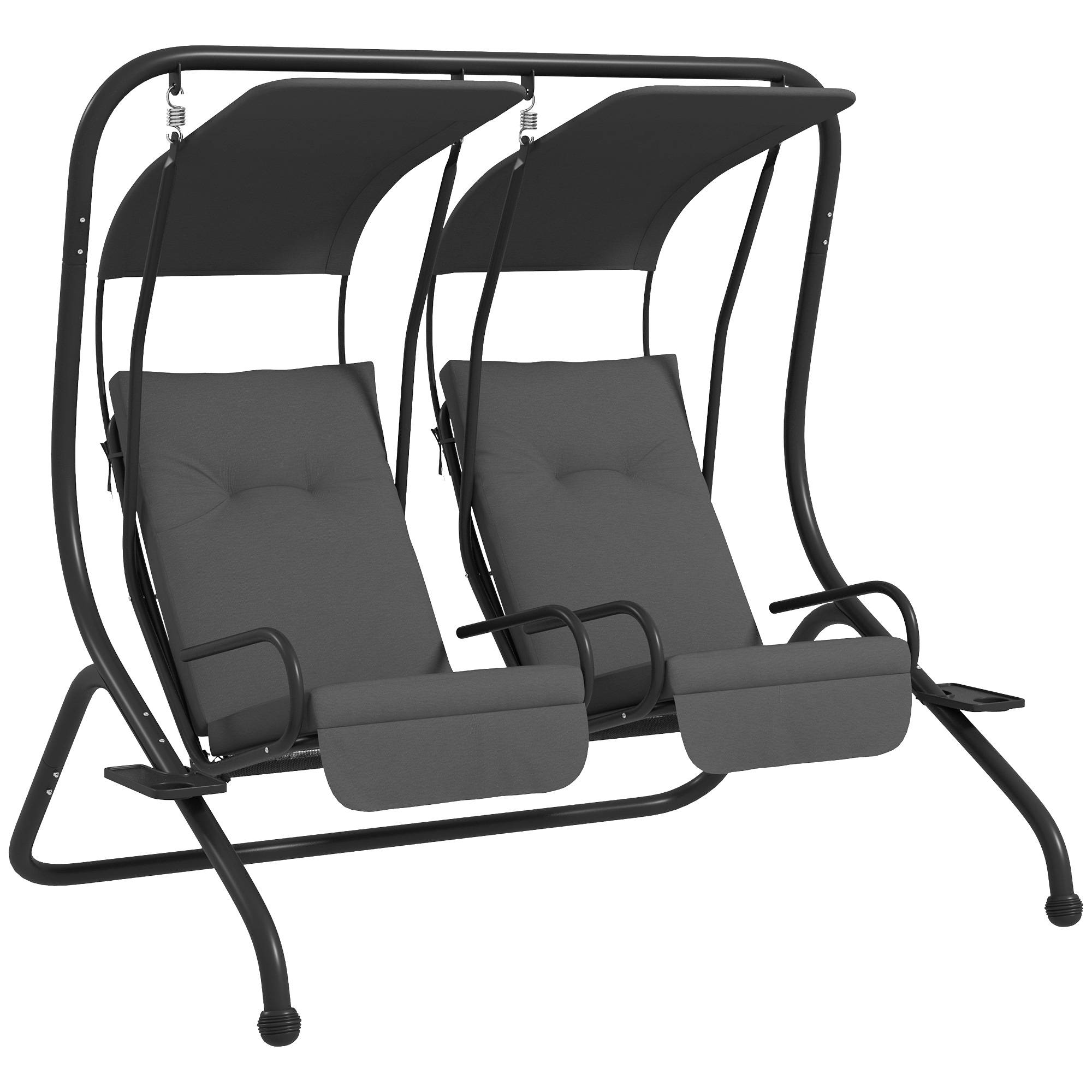 Outsunny - Balancelle de jardin 2 places indépendantes 2 tablettes supports coussins assise dossier grand confort acier noir polyester gris - Outsunny - Imagen 1