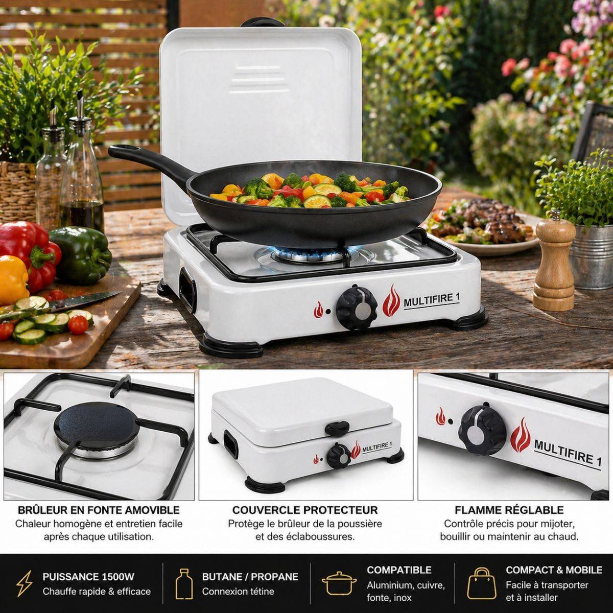 Réchaud à gaz portable 1 feu 1500W Blanc Brûleur fonte amovible Gaz butane/propane Cuisson d'appoint Exterieure Camping GOLD - Imagen 2