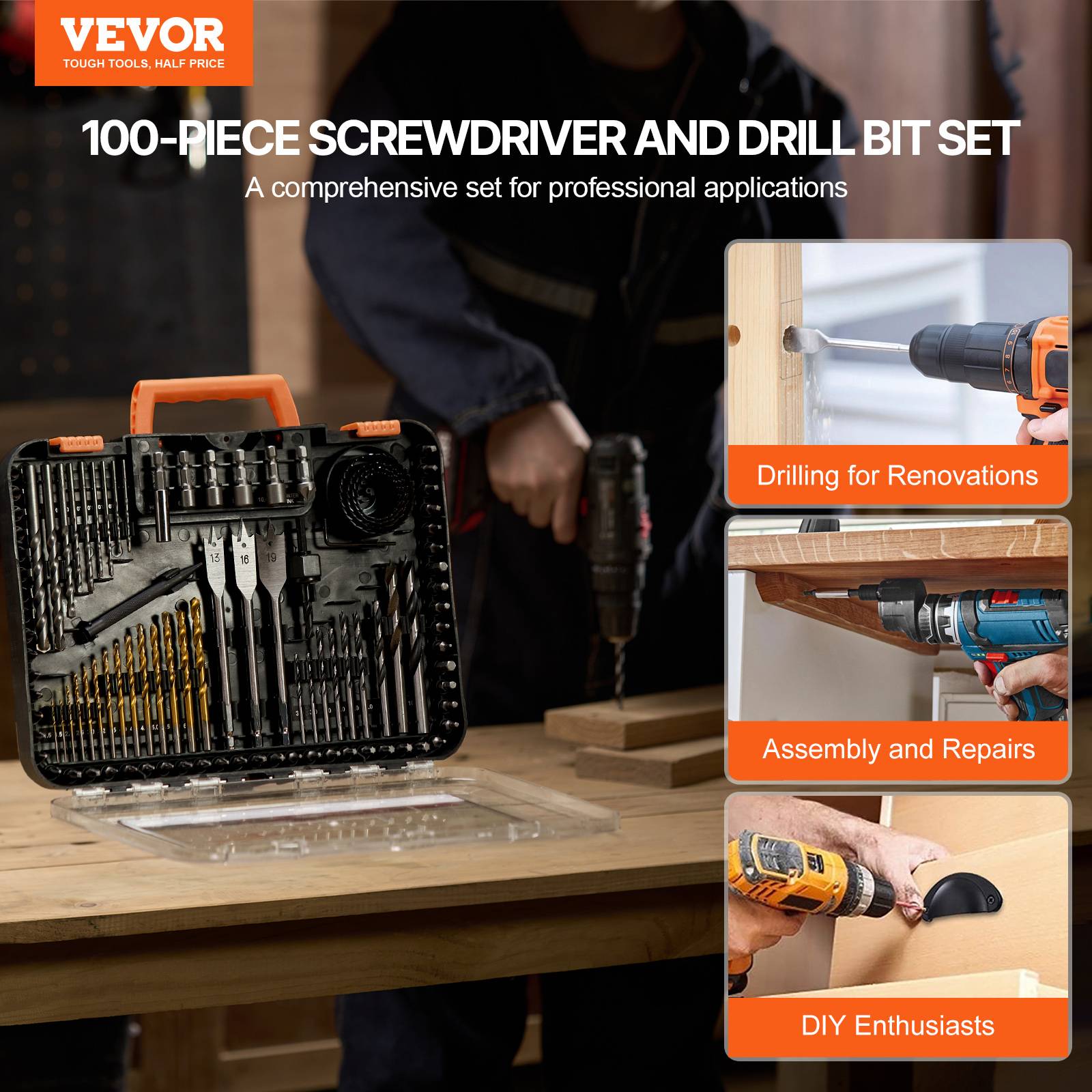 VEVOR Kit 100 forets et embouts pour perceuse/visseuse, avec étui, pour bois et métal, bricolage. - Image 2