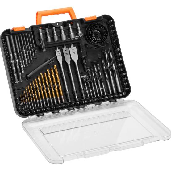 VEVOR Kit 100 forets et embouts pour perceuse/visseuse, avec étui, pour bois et métal, bricolage. - Image 1