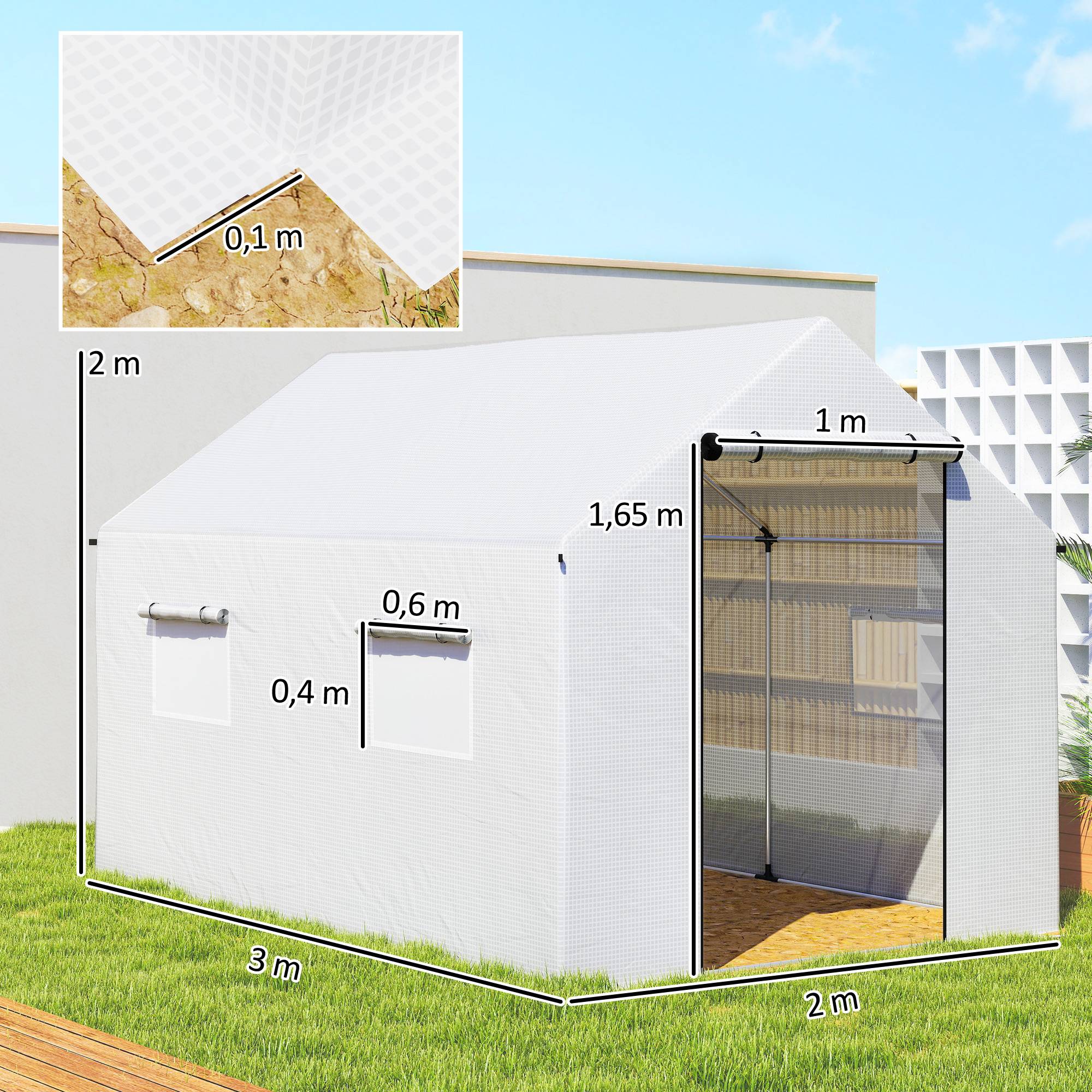 Outsunny - Serre de jardin tunnel 2x3m 6m² avec porte enroulable 4 fenêtres Acier galvanisé PE HD Blanc - Outsunny - Image 3