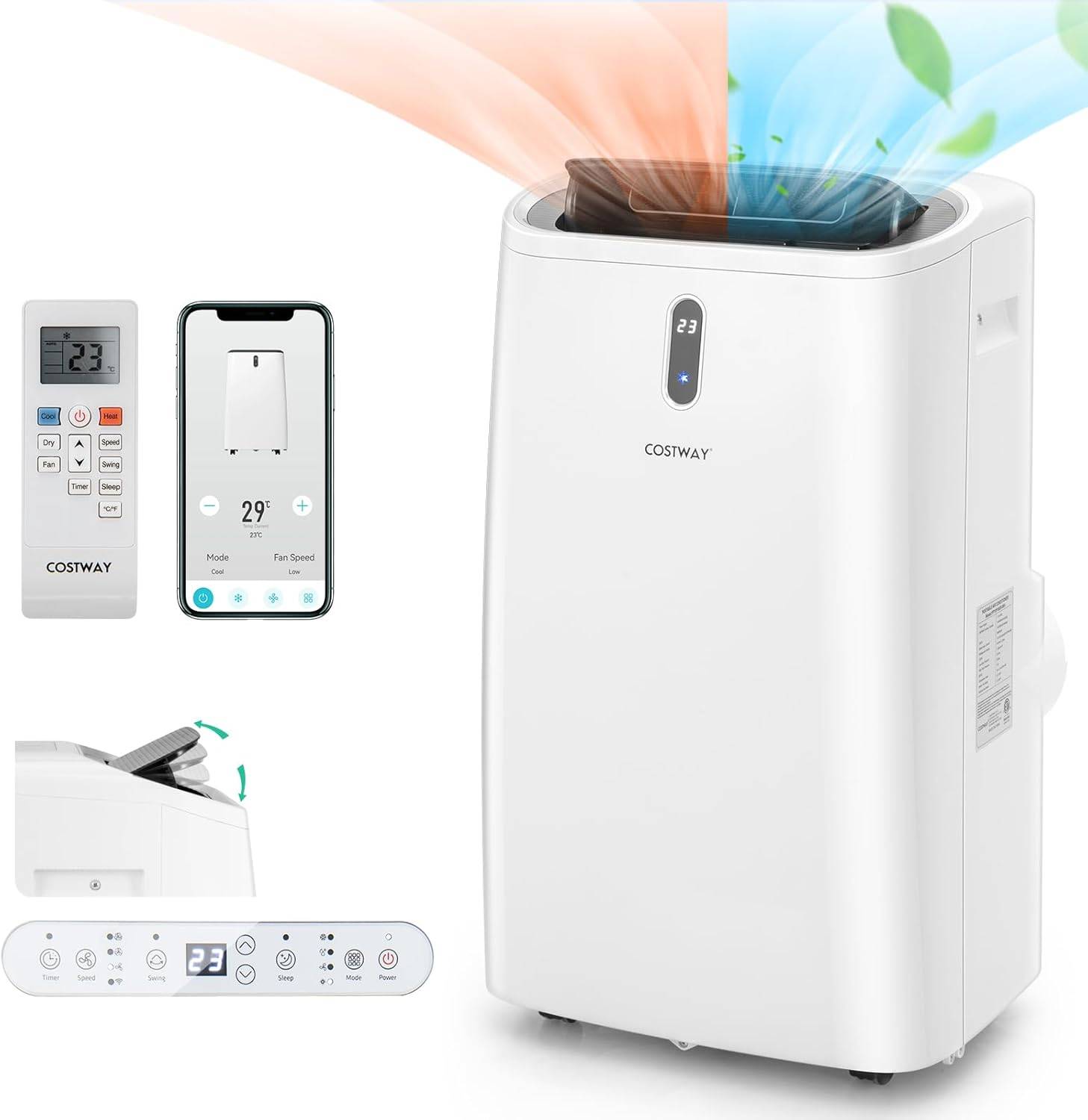 Climatiseur Mobile Silencieux 5 en 1 Ventilateur Déshumidificateur Rafraîchisseur d’Air, Chauffage Climatisation Mobile 14000 BTU Classe énergétique A