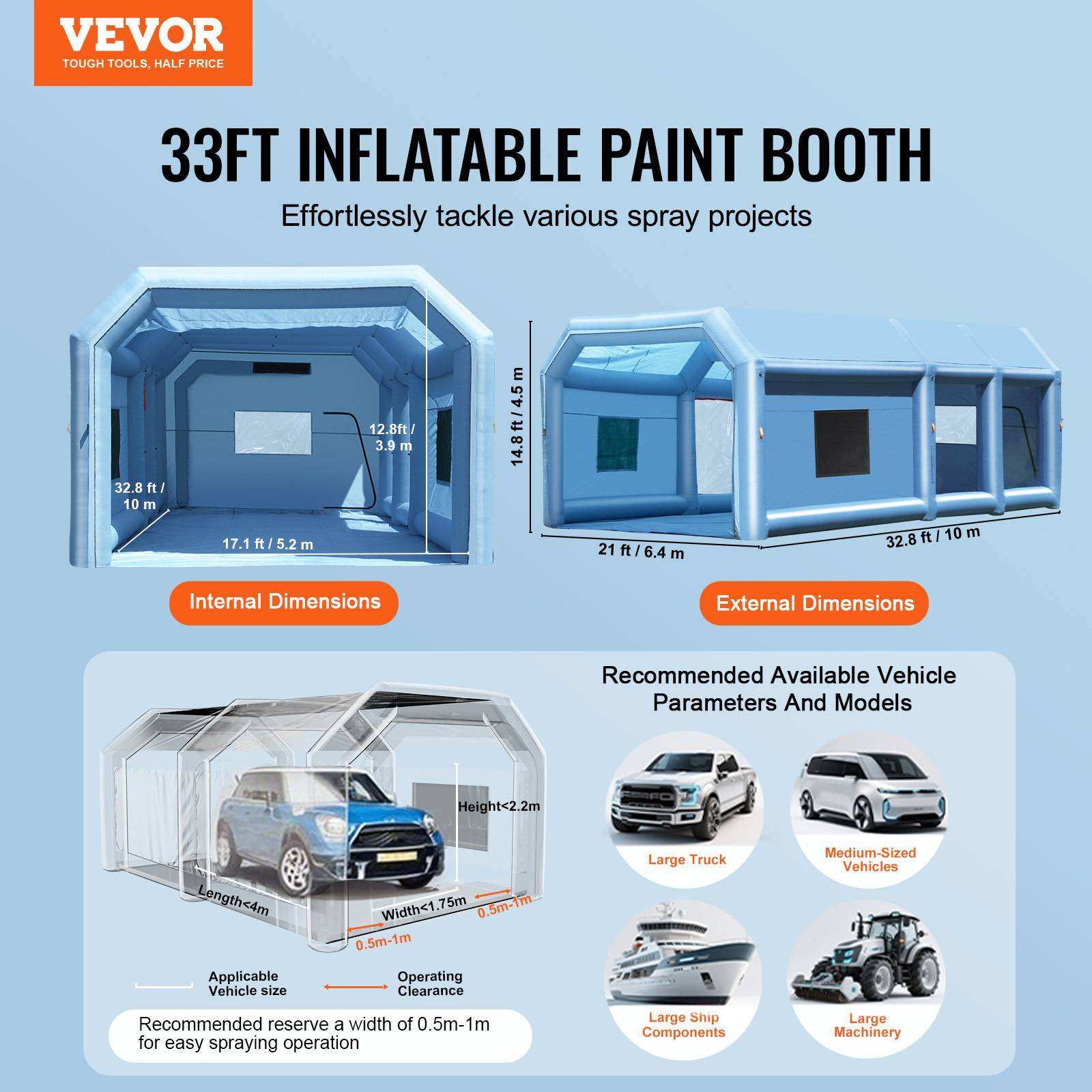 Vevor - VEVOR Cabine peinture gonflable 10x6.4x4.5m, souffleurs 1100+750W avec filtration, station atelier. - Image 2