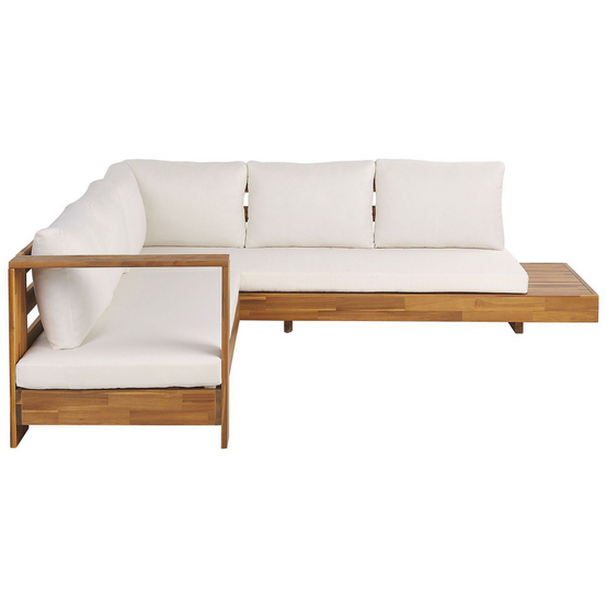 Salon de Jardin Bois Clair et Blanc en Bois d'Acacia Certifié Grand Canapé d'Angle Droit Modulable 5 Places Idéal pour l'Extérieur - Image 1