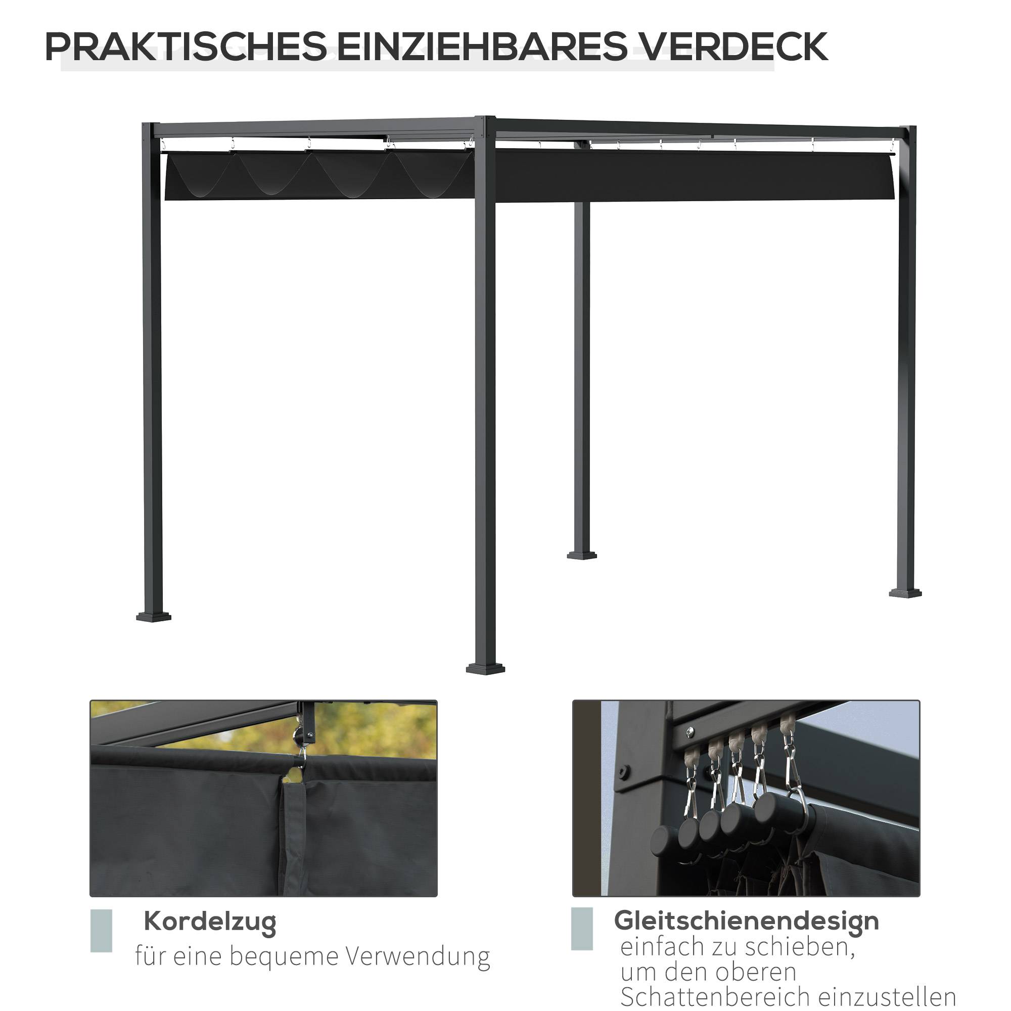 Pergola Tonnelle Métal Jardin Toit Rétractable Coulissant 298x213cm Gris Noir - ComfortXL Outdoor Living - Image 5
