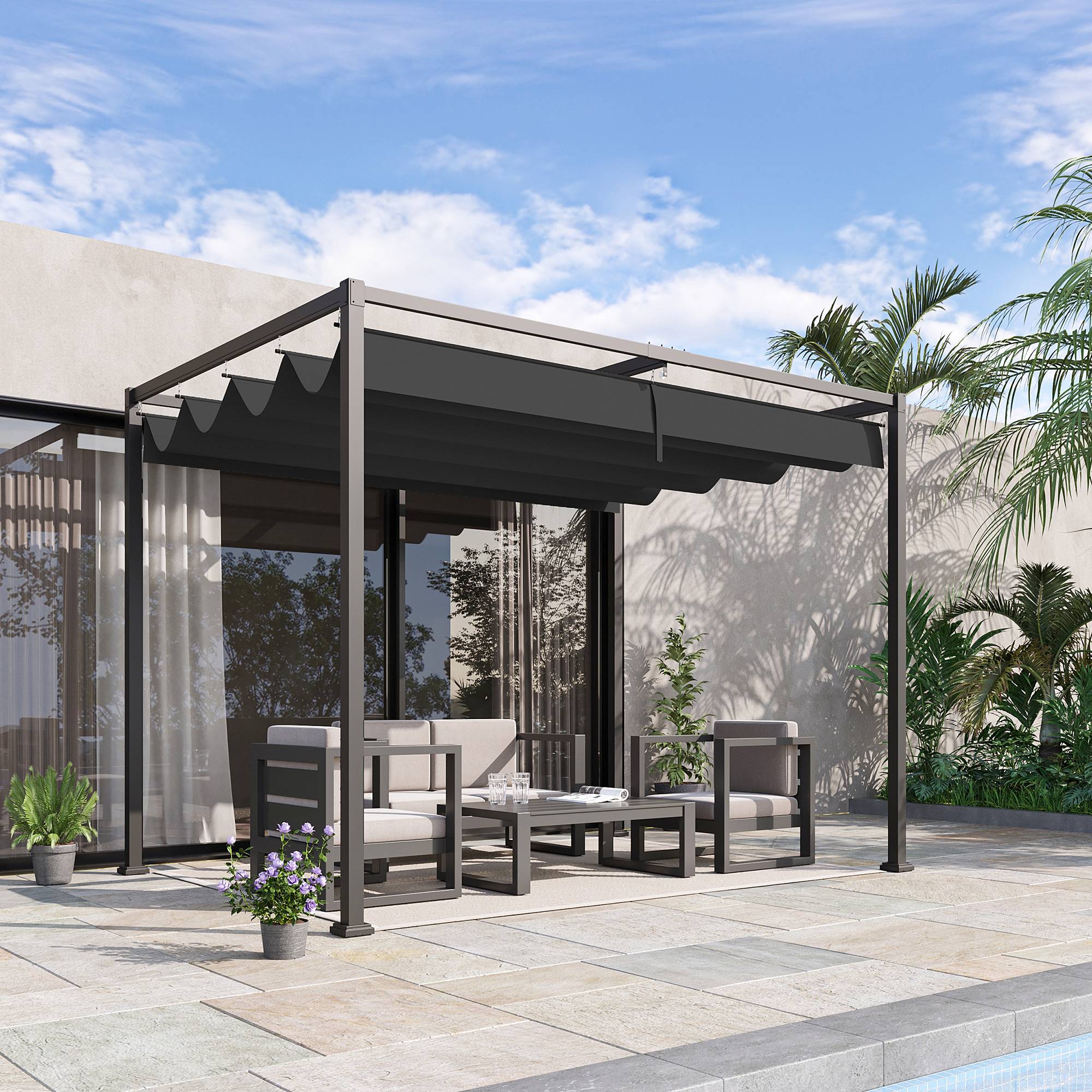 Pergola Tonnelle Métal Jardin Toit Rétractable Coulissant 298x213cm Gris Noir - ComfortXL Outdoor Living - Image 1