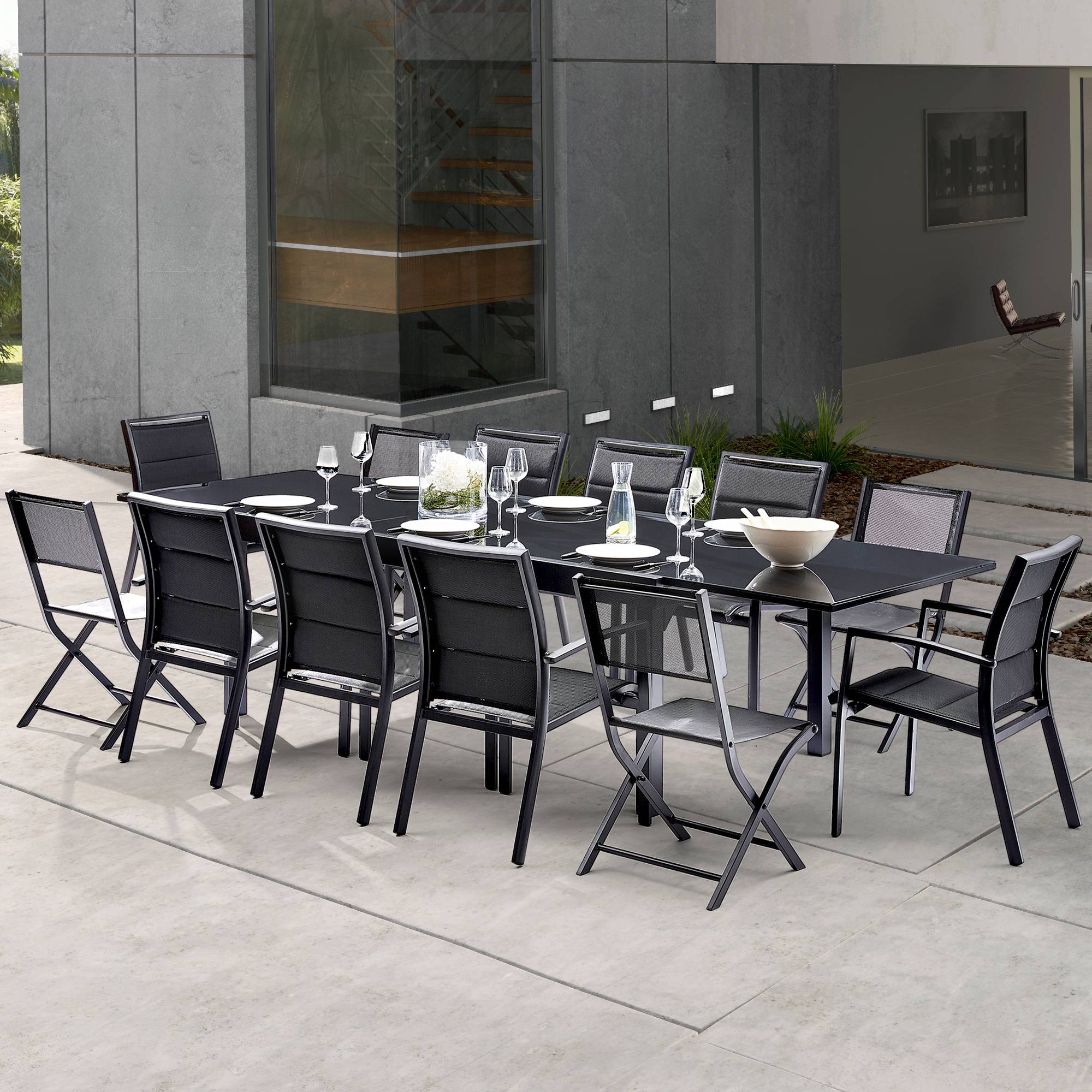 Wilsa Garden - Ensemble MODULO 8/12p en aluminium noir et verre noir et 12 fauteuils en aluminium et assise textilène - Imagen 2