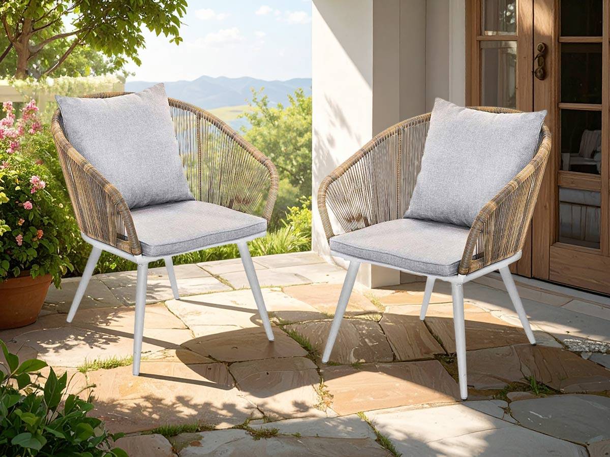 Lot de 2 Fauteuil de jardin en résine tressée structure alu blanc + coussin chiné gris/beige Maldives - Jardiline - Imagen 2