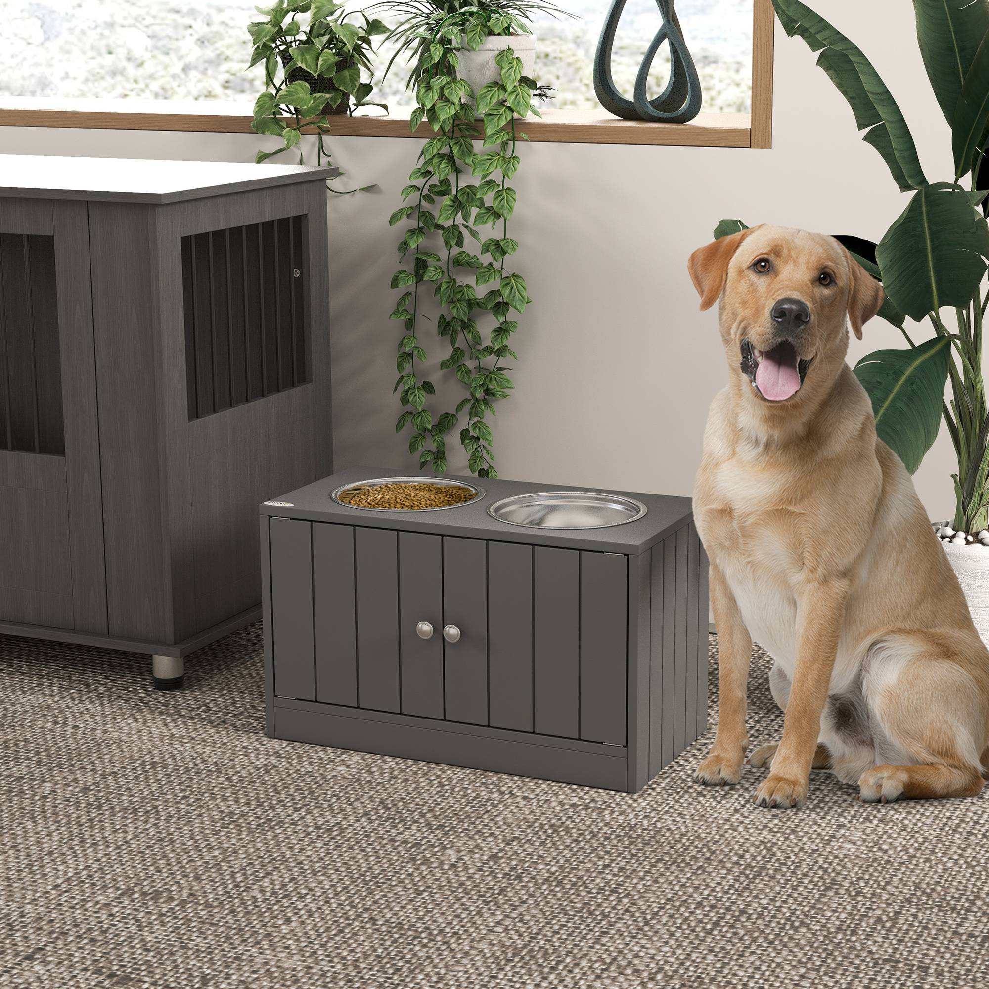 Support de gamelles bois gris 60 x 30 x 35.5 cm - PANGIVO - Image 3