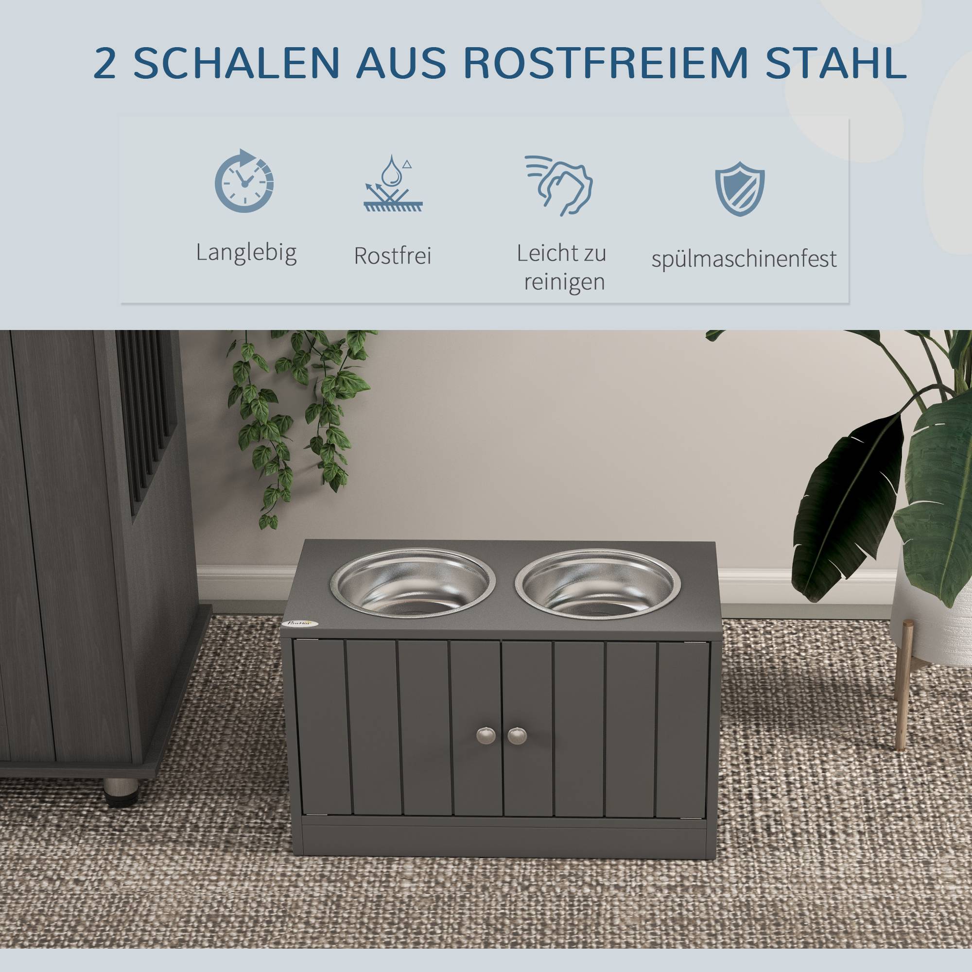 Support de gamelles bois gris 60 x 30 x 35.5 cm - PANGIVO - Image 6