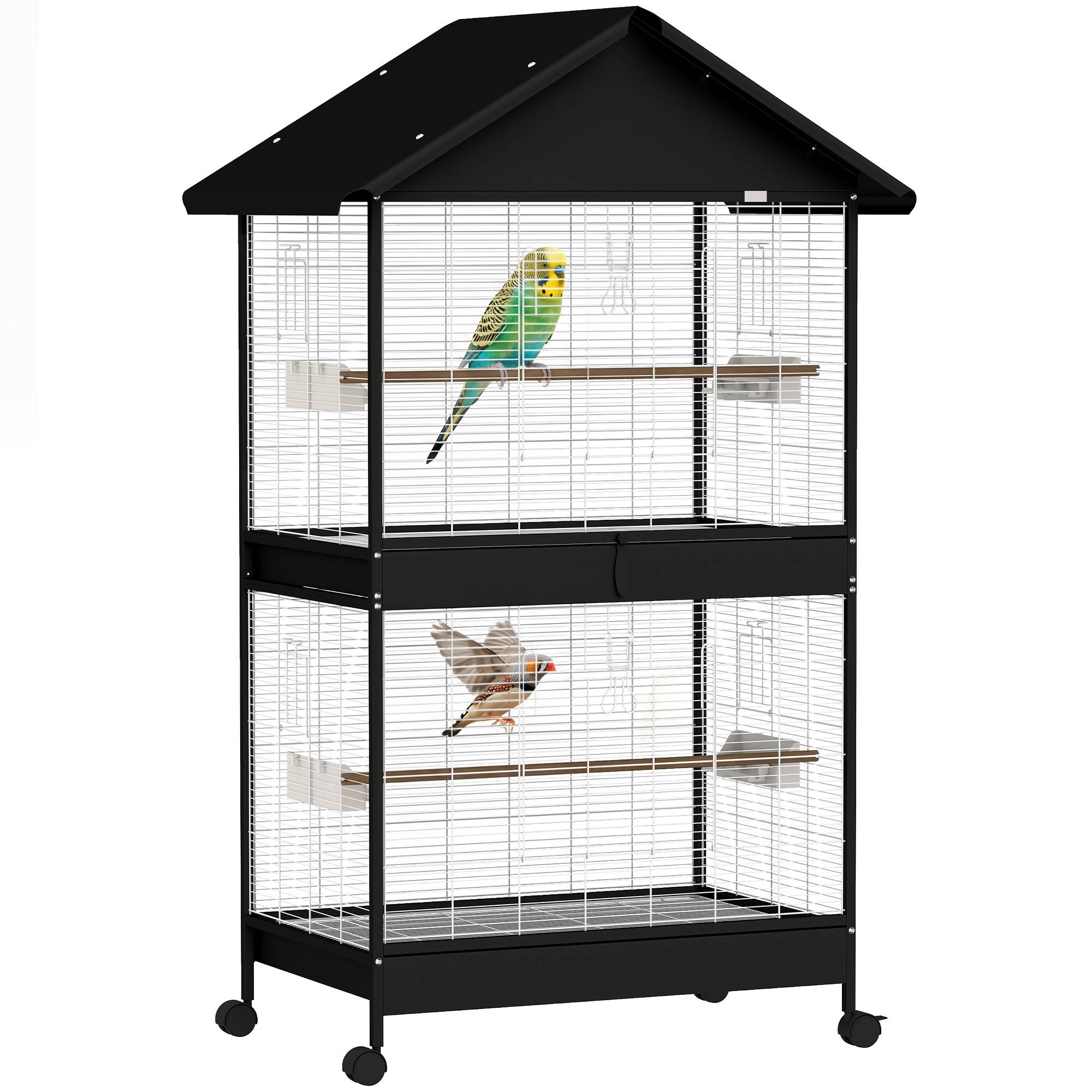 Sans Marque - Vogelvoliere Groß Vogelkäfig mit Abnehmbar Trennwand 2 Türen 2 Holzstangen Rollen 2 Schalen 4 Futterspendern XXL