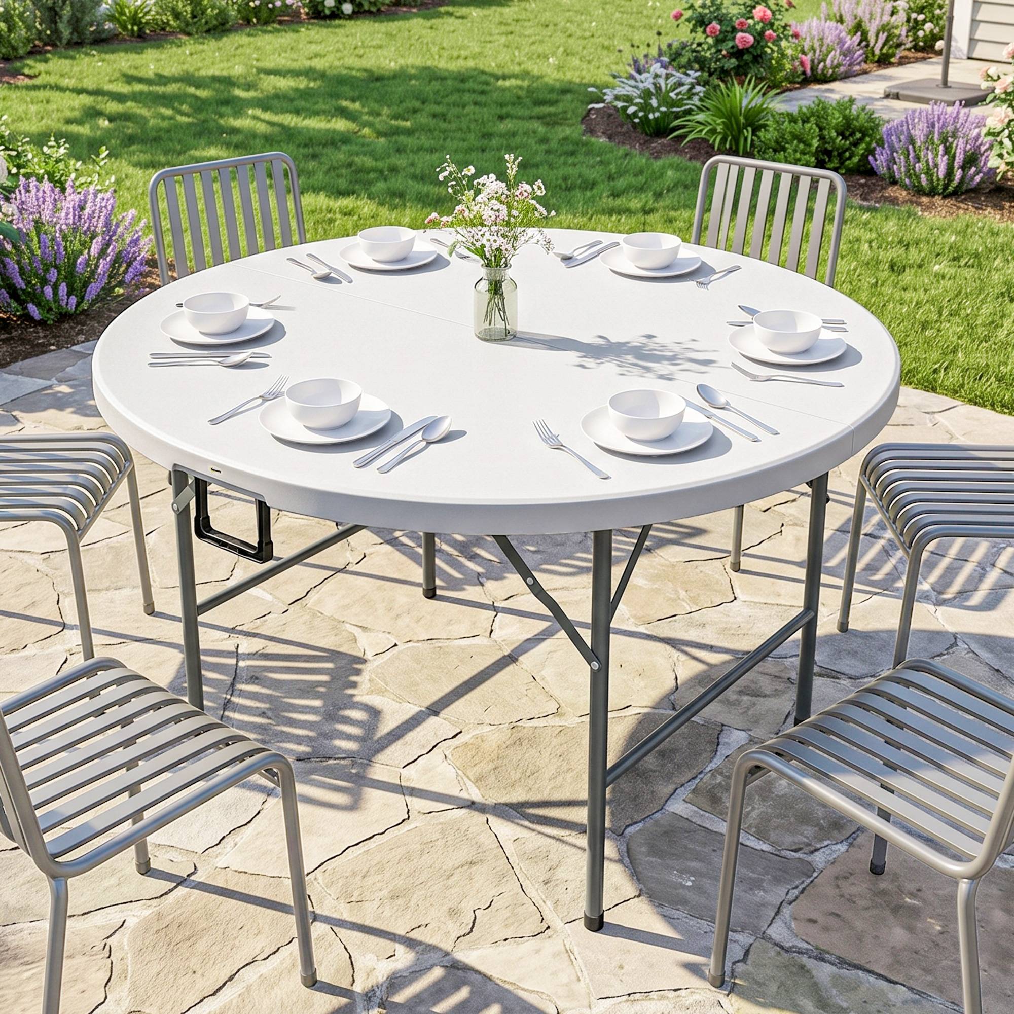 Table d'appoint ronde de jardin pliable avec cadre acier et plateau HDPE, charge 80 kg, Ø122x73 cm blanc - Image 4