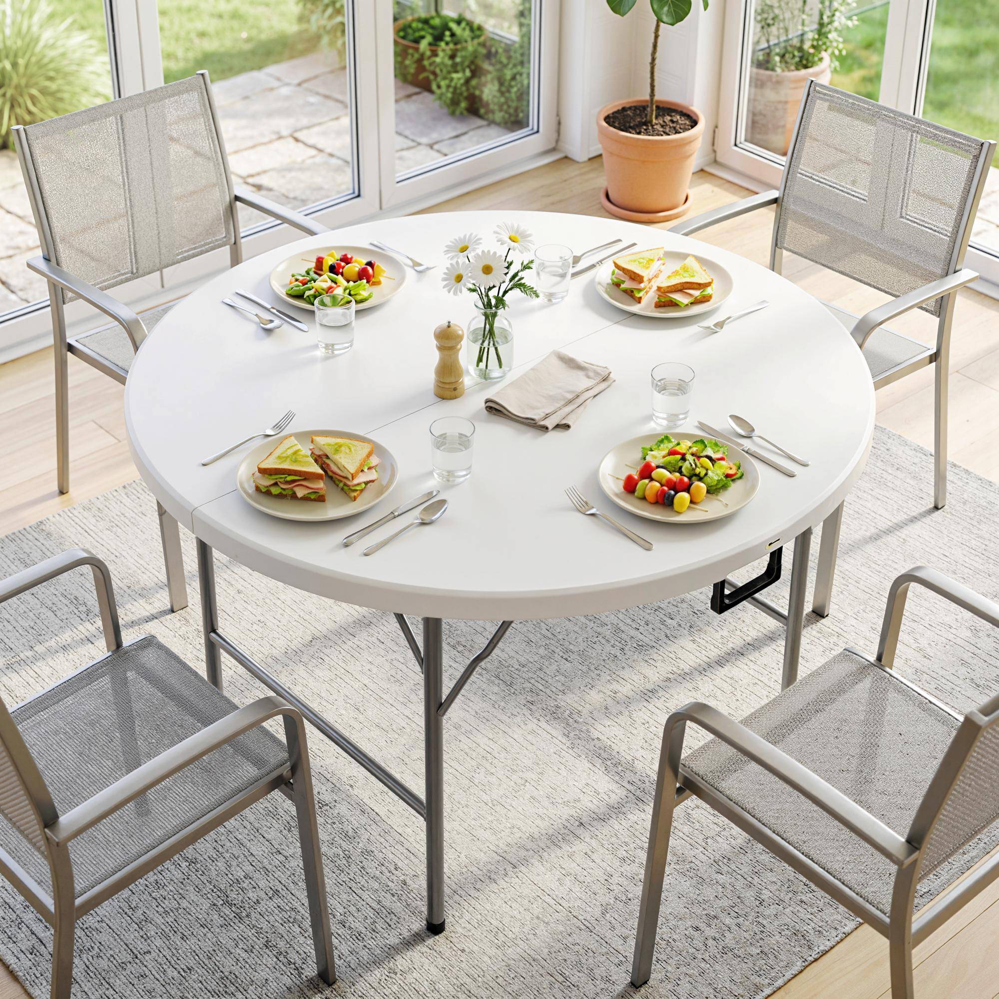 Table d'appoint ronde de jardin pliable avec cadre acier et plateau HDPE, charge 80 kg, Ø122x73 cm blanc - Image 10