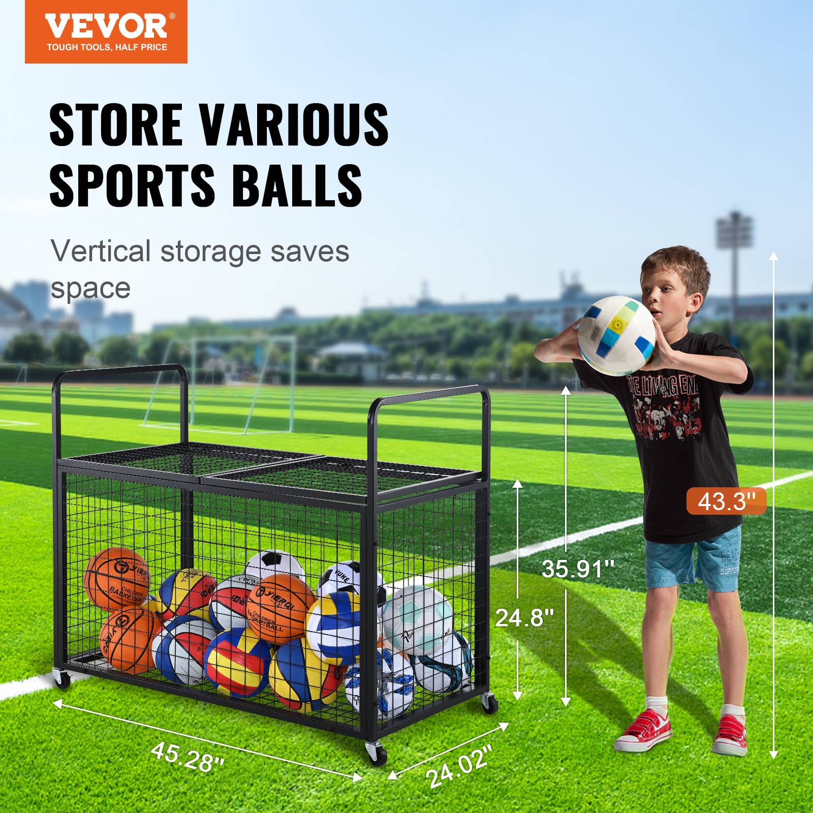 VEVOR Chariot ballons verrouillable, 115x61x91,2 cm. Acier, 4 roulettes. Rangement matériel sportif. - Image 2