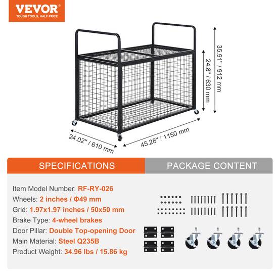 VEVOR Chariot ballons verrouillable, 115x61x91,2 cm. Acier, 4 roulettes. Rangement matériel sportif. - Image 7