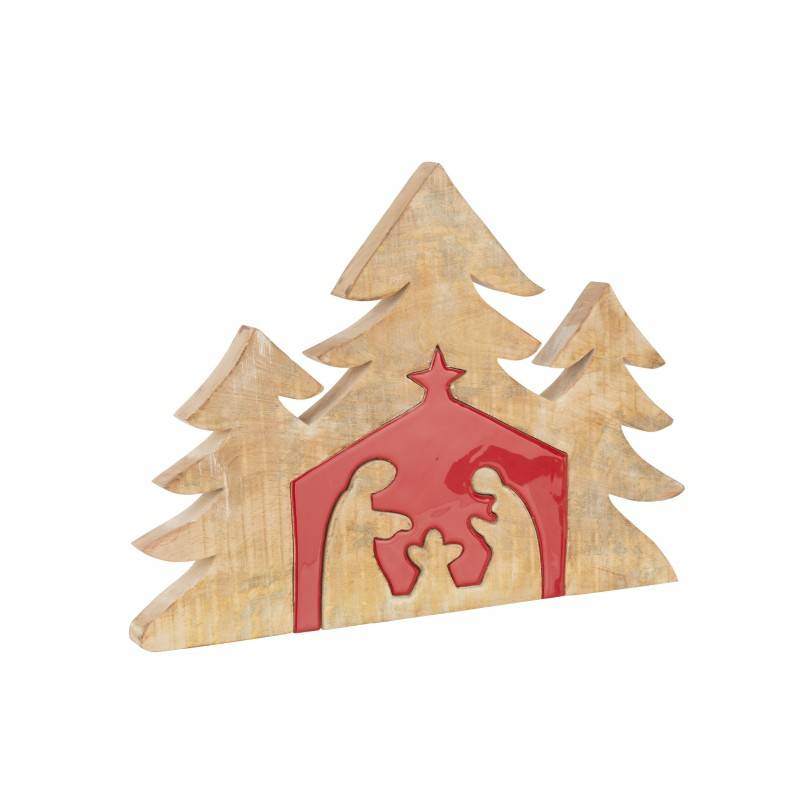 Crèche puzzle en bois de manguier rouge 55x4x40cm - J-Line - Image 1