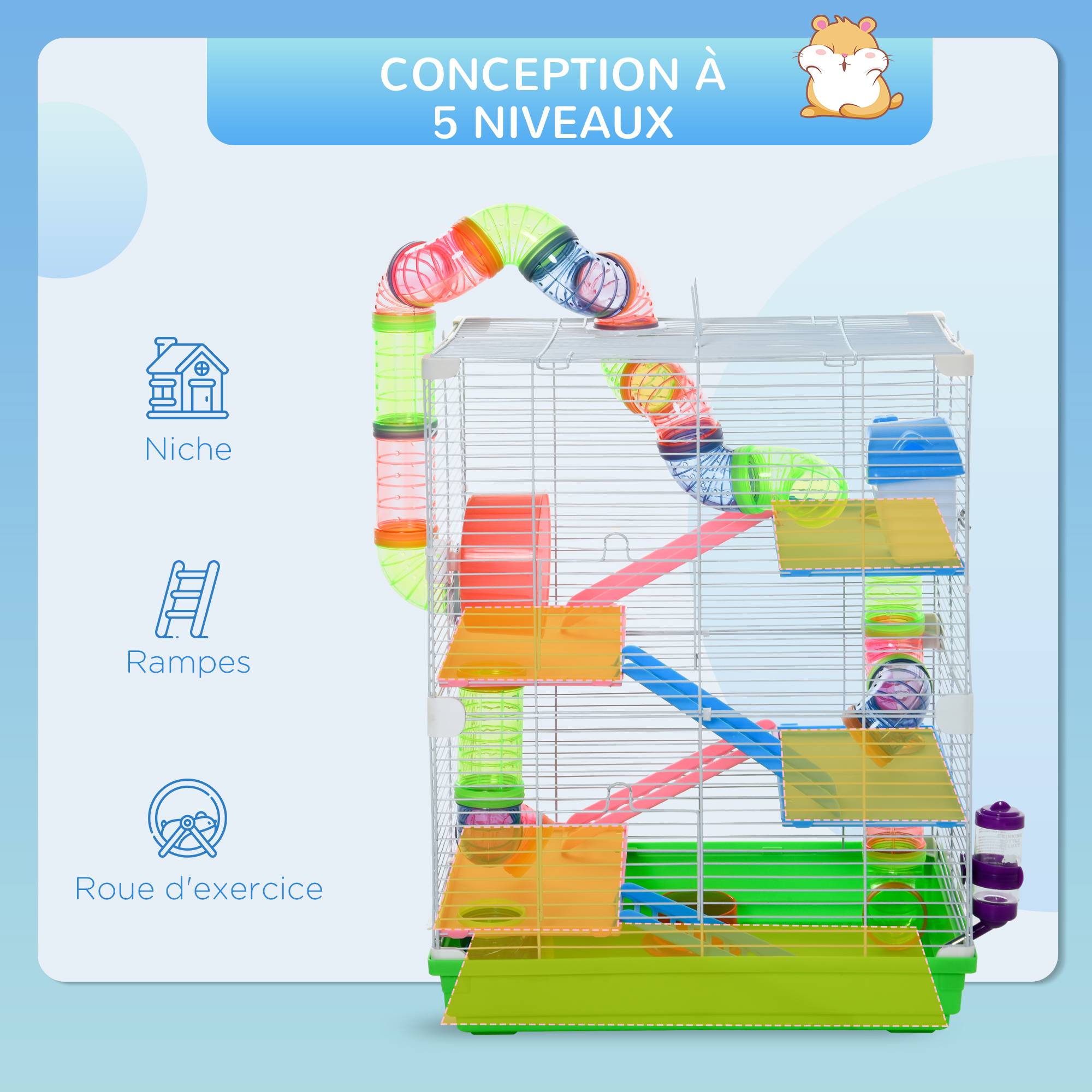 Pawhut - Cage pour hamster souris rongeur 4 étages avec tunnels mangeoire roue maison échelles dim. 46L x 30l x 58H cm cm vert - Imagen 6