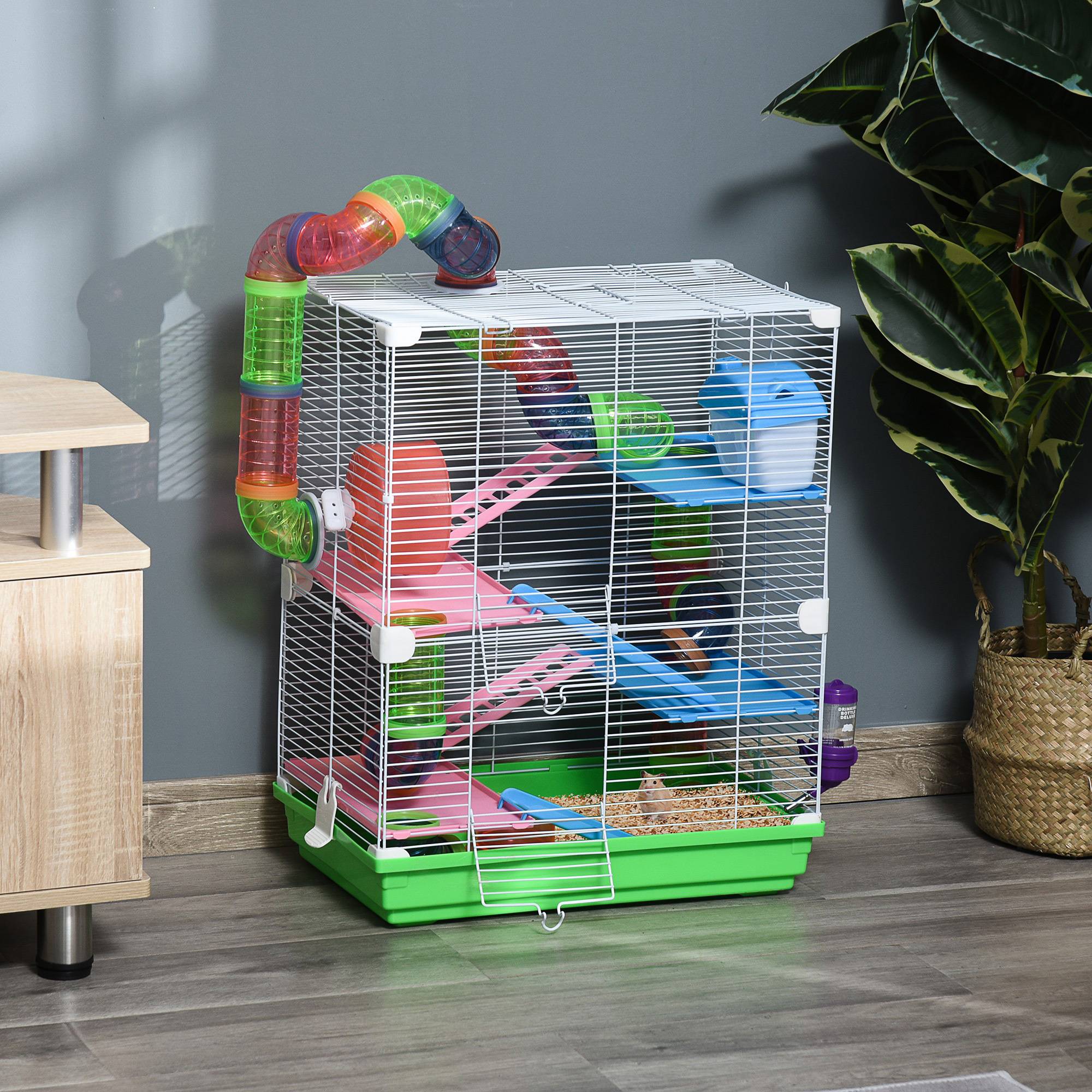 Pawhut - Cage pour hamster souris rongeur 4 étages avec tunnels mangeoire roue maison échelles dim. 46L x 30l x 58H cm cm vert - Imagen 2