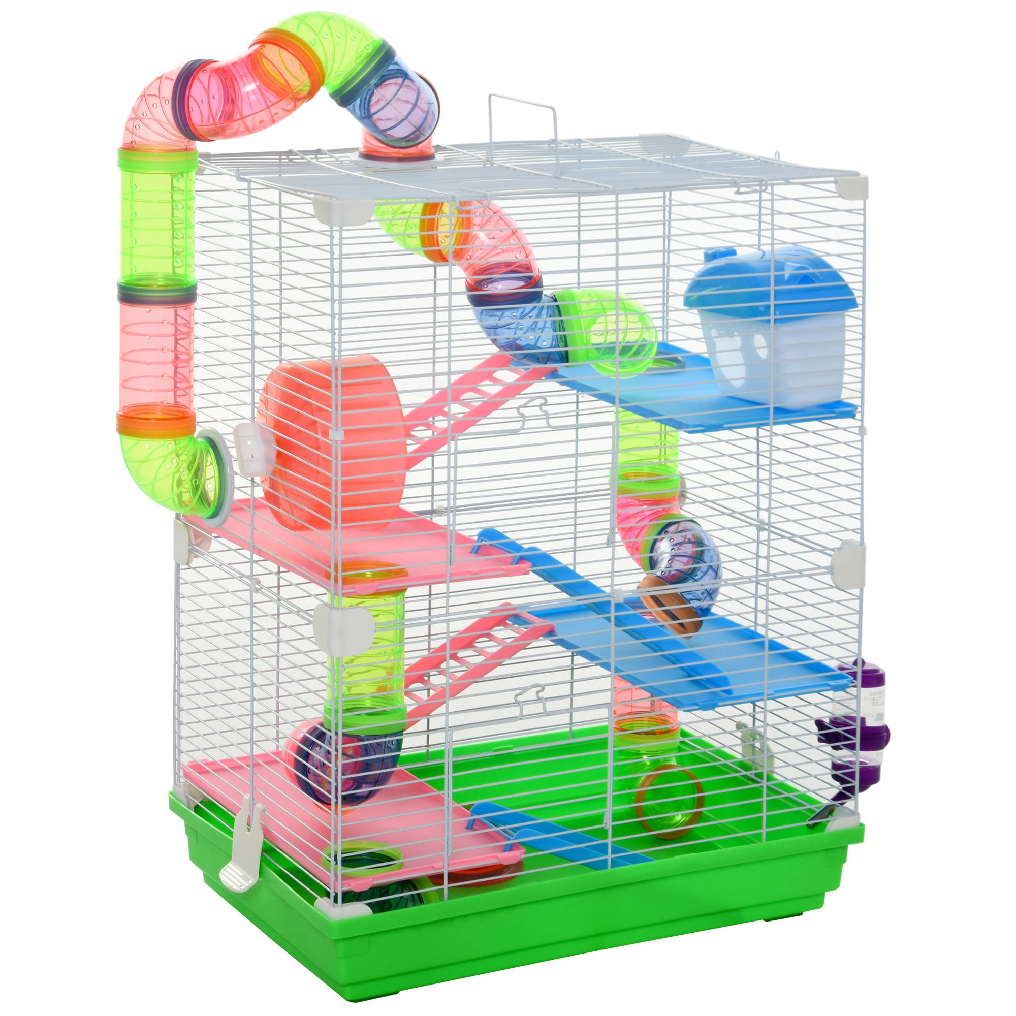 Pawhut - Cage pour hamster souris rongeur 4 étages avec tunnels mangeoire roue maison échelles dim. 46L x 30l x 58H cm cm vert - Imagen 1