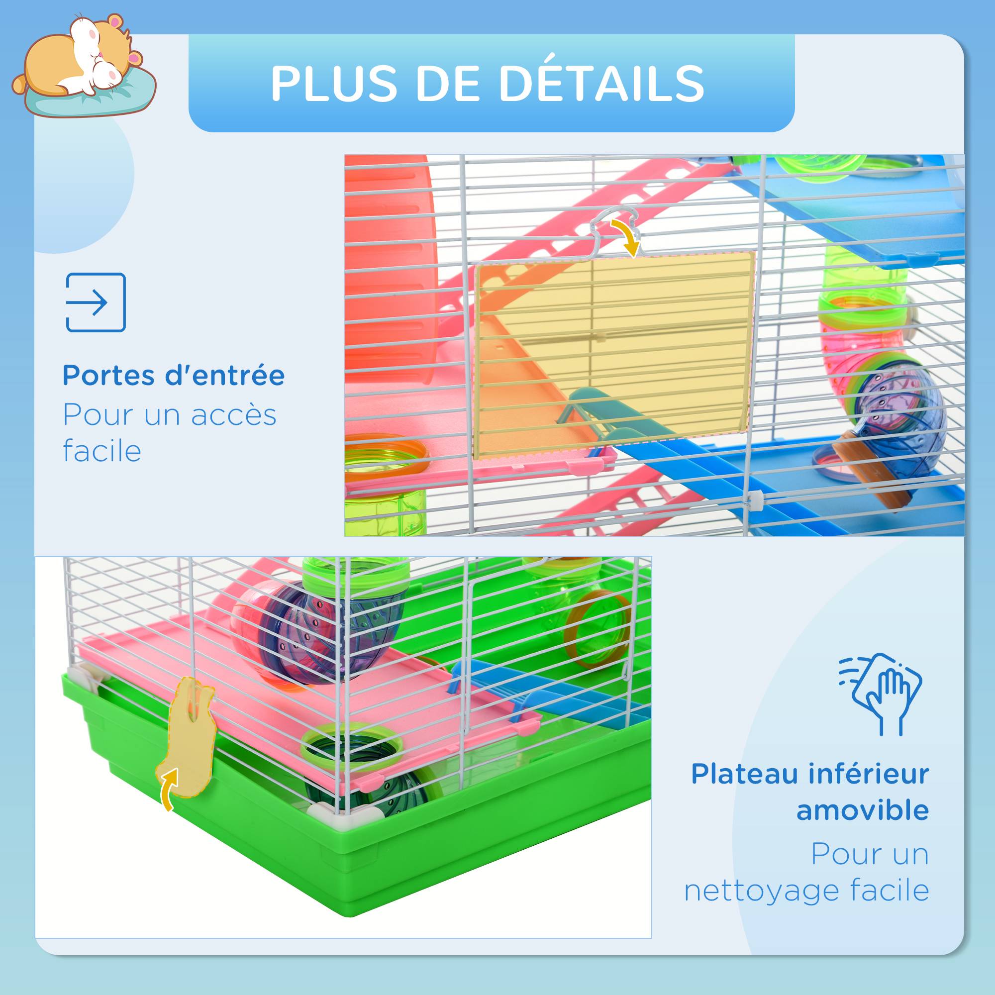 Pawhut - Cage pour hamster souris rongeur 4 étages avec tunnels mangeoire roue maison échelles dim. 46L x 30l x 58H cm cm vert - Imagen 7