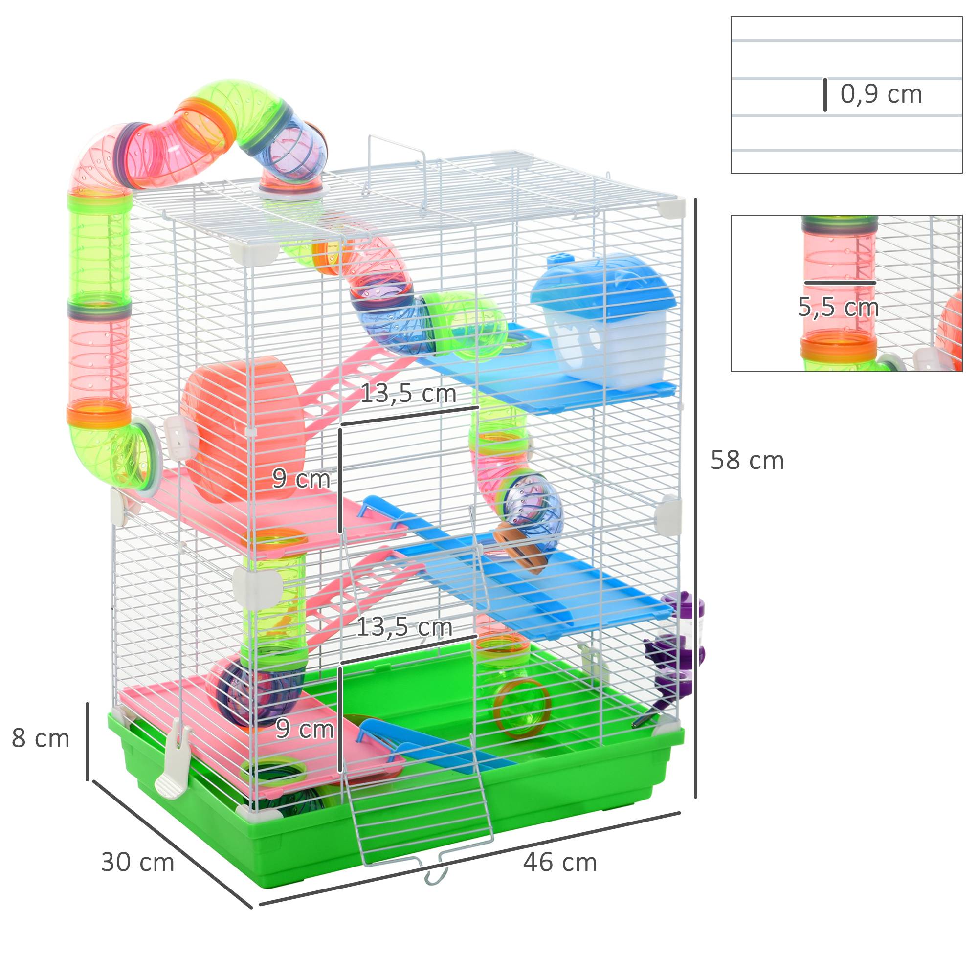 Pawhut - Cage pour hamster souris rongeur 4 étages avec tunnels mangeoire roue maison échelles dim. 46L x 30l x 58H cm cm vert - Imagen 3
