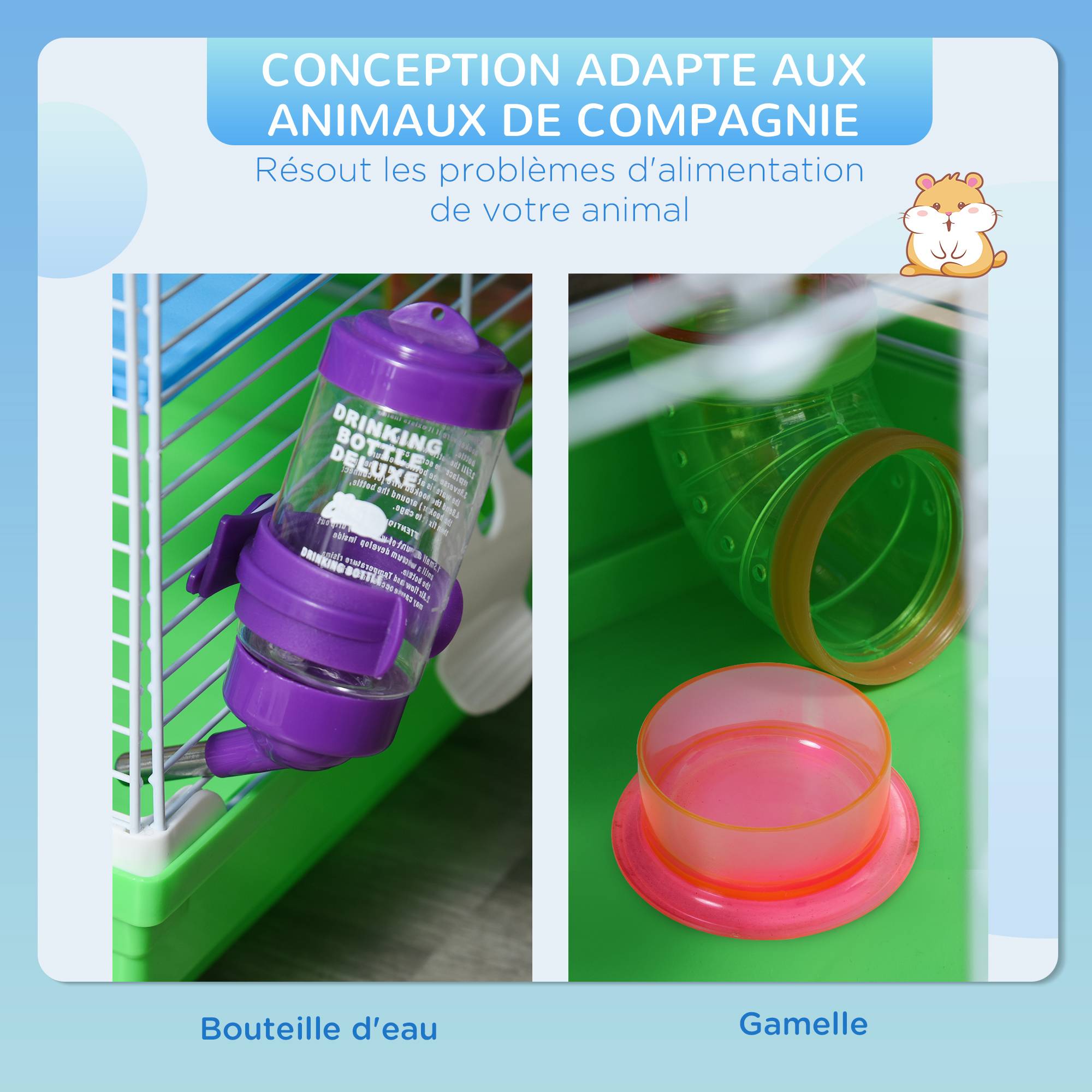 Pawhut - Cage pour hamster souris rongeur 4 étages avec tunnels mangeoire roue maison échelles dim. 46L x 30l x 58H cm cm vert - Imagen 5