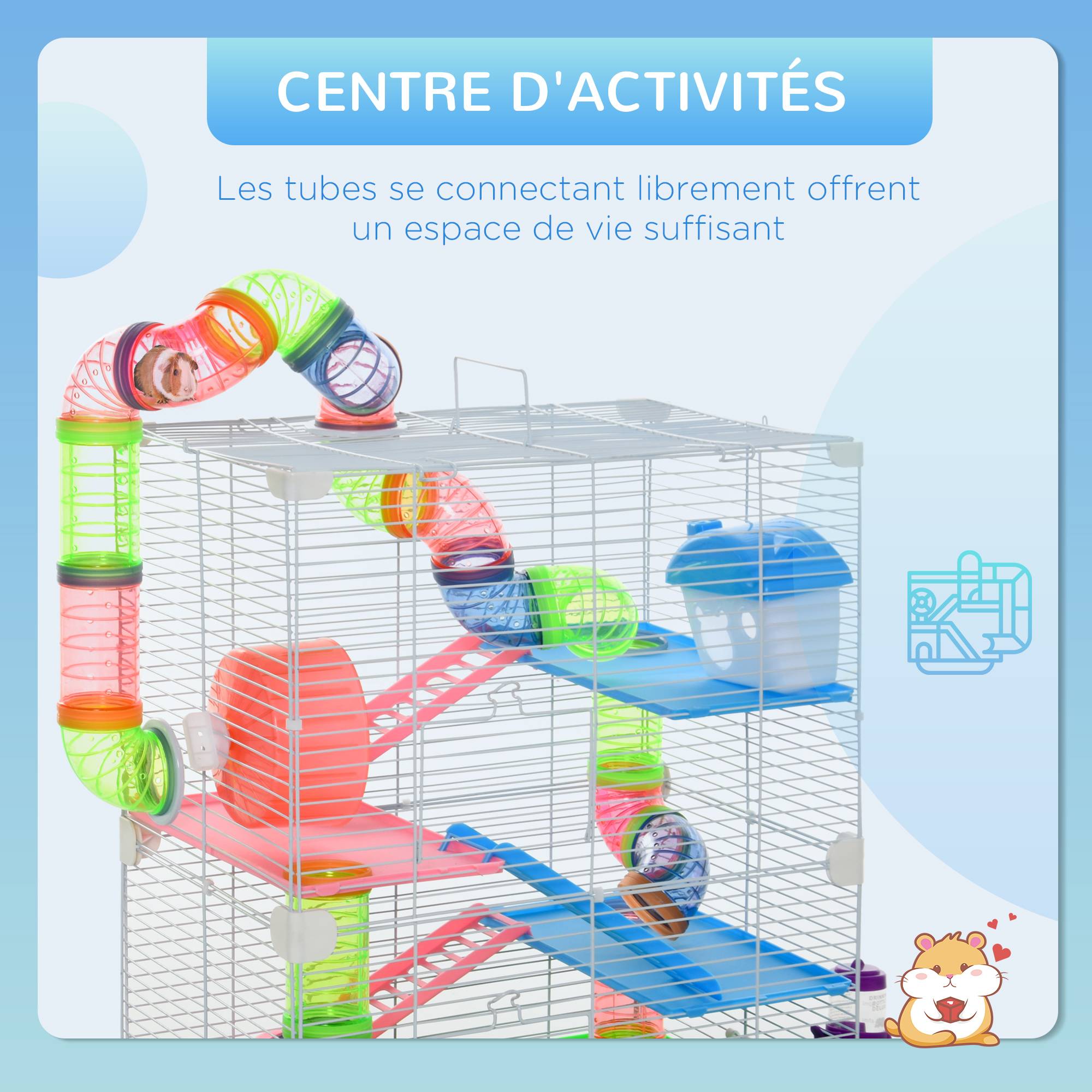Pawhut - Cage pour hamster souris rongeur 4 étages avec tunnels mangeoire roue maison échelles dim. 46L x 30l x 58H cm cm vert - Imagen 4