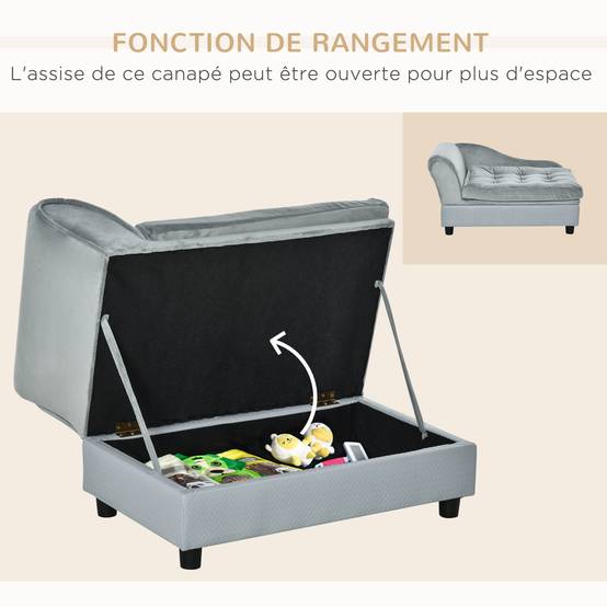 Canapé Chien Chat sur Pied avec Coffre de Rangement Style Moderne Coussin d'assise Amovible Grand Confort 76 x 45 x 43 cm gris clair - Image 8