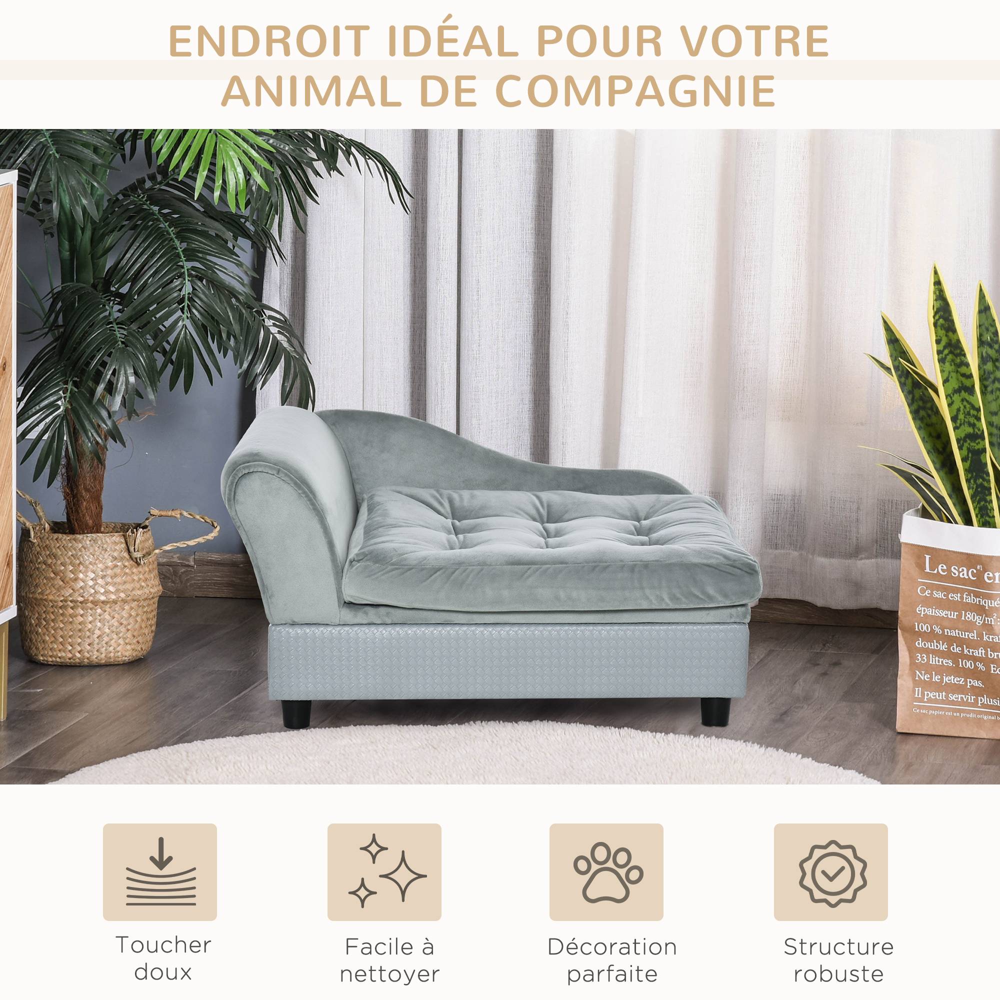 Canapé Chien Chat sur Pied avec Coffre de Rangement Style Moderne Coussin d'assise Amovible Grand Confort 76 x 45 x 43 cm gris clair - Image 7