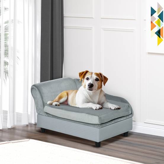 Canapé Chien Chat sur Pied avec Coffre de Rangement Style Moderne Coussin d'assise Amovible Grand Confort 76 x 45 x 43 cm gris clair - Image 4