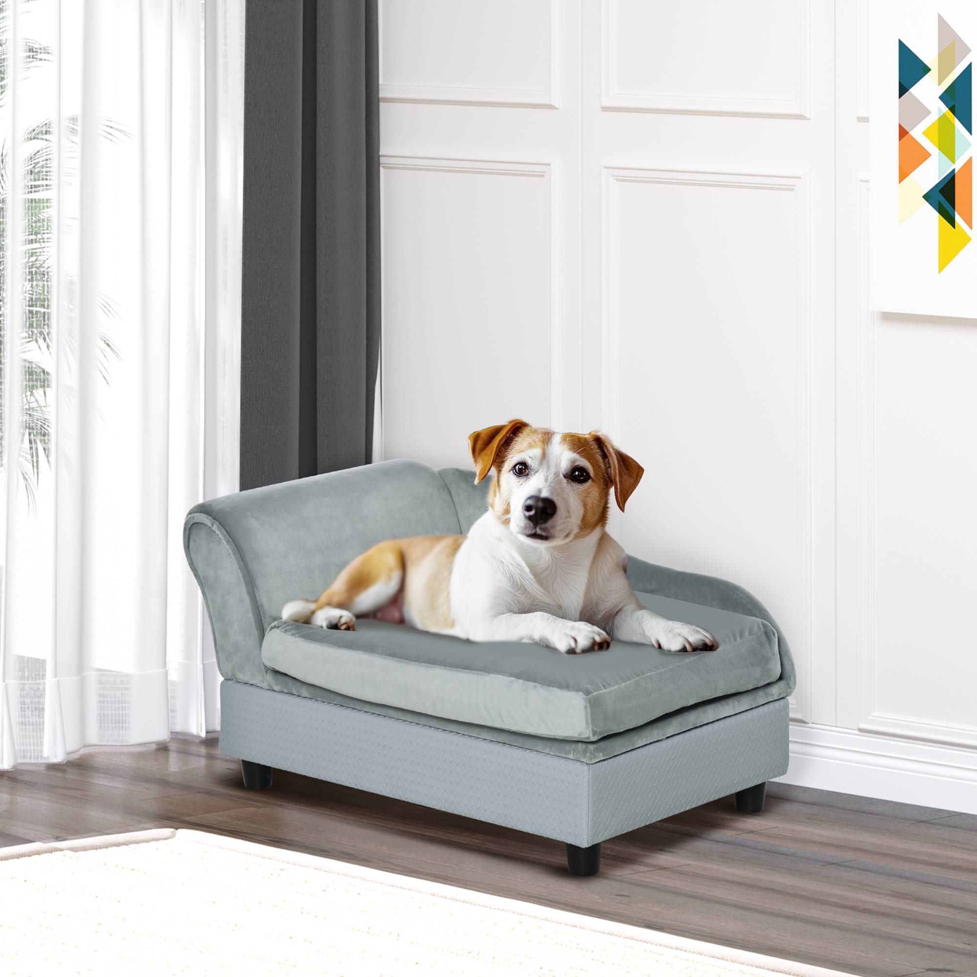 Canapé Chien Chat sur Pied avec Coffre de Rangement Style Moderne Coussin d'assise Amovible Grand Confort 76 x 45 x 43 cm gris clair - Image 4