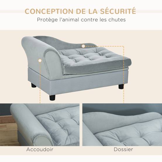 Canapé Chien Chat sur Pied avec Coffre de Rangement Style Moderne Coussin d'assise Amovible Grand Confort 76 x 45 x 43 cm gris clair - Image 9