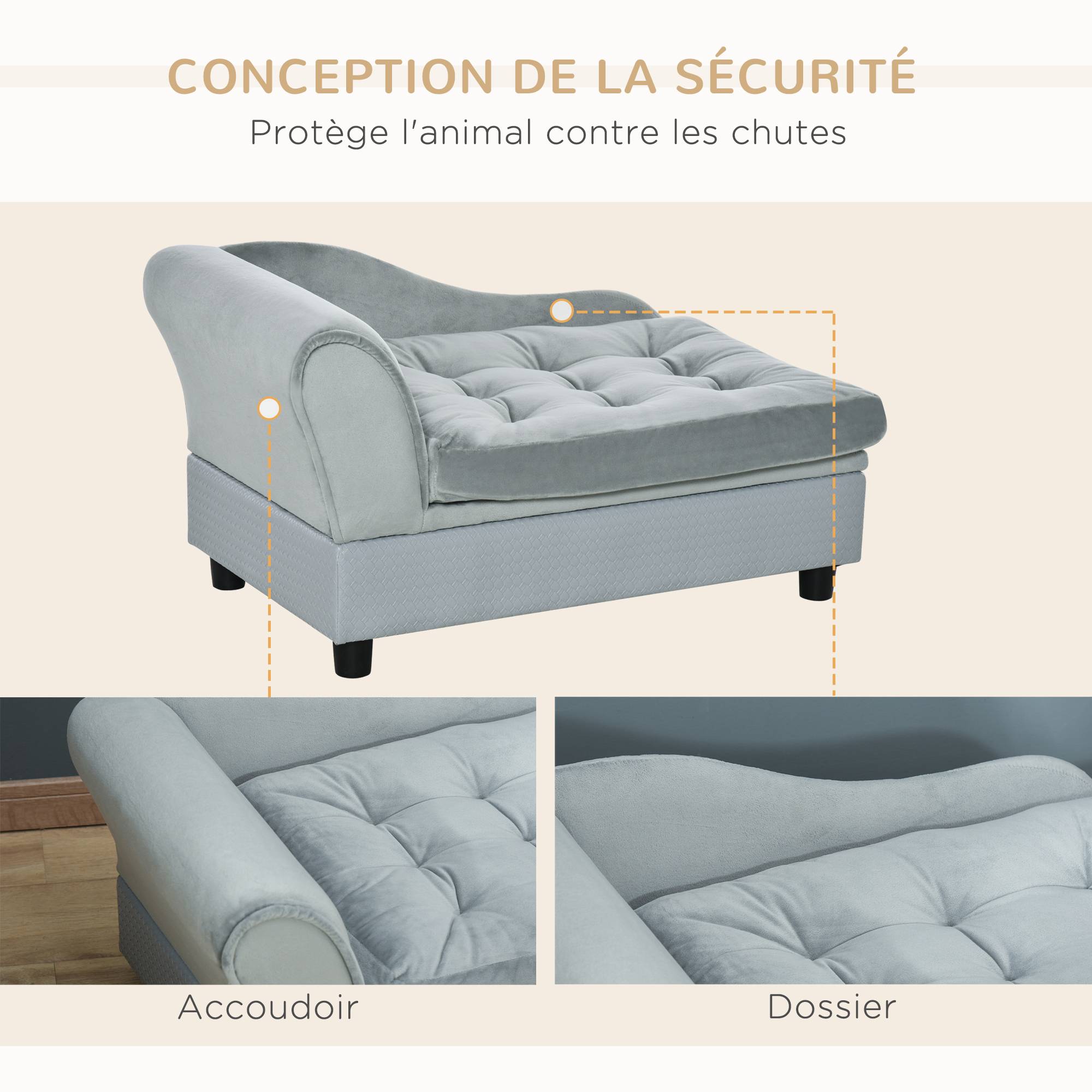 Canapé Chien Chat sur Pied avec Coffre de Rangement Style Moderne Coussin d'assise Amovible Grand Confort 76 x 45 x 43 cm gris clair - Image 9