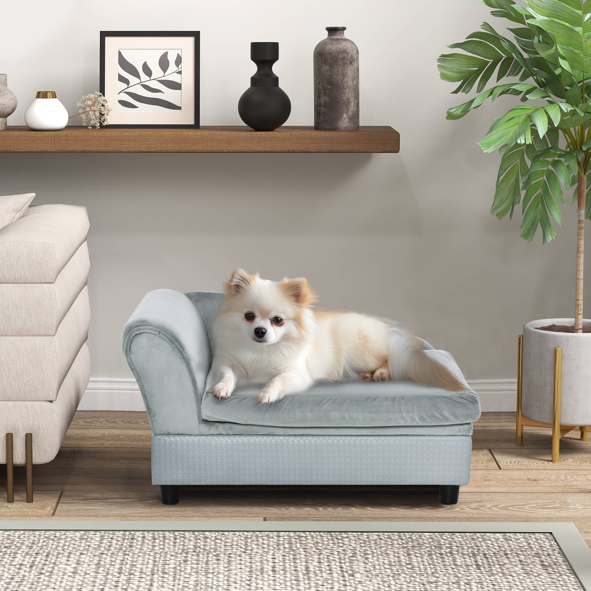 Canapé Chien Chat sur Pied avec Coffre de Rangement Style Moderne Coussin d'assise Amovible Grand Confort 76 x 45 x 43 cm gris clair - Image 3