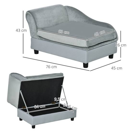 Canapé Chien Chat sur Pied avec Coffre de Rangement Style Moderne Coussin d'assise Amovible Grand Confort 76 x 45 x 43 cm gris clair - Image 5