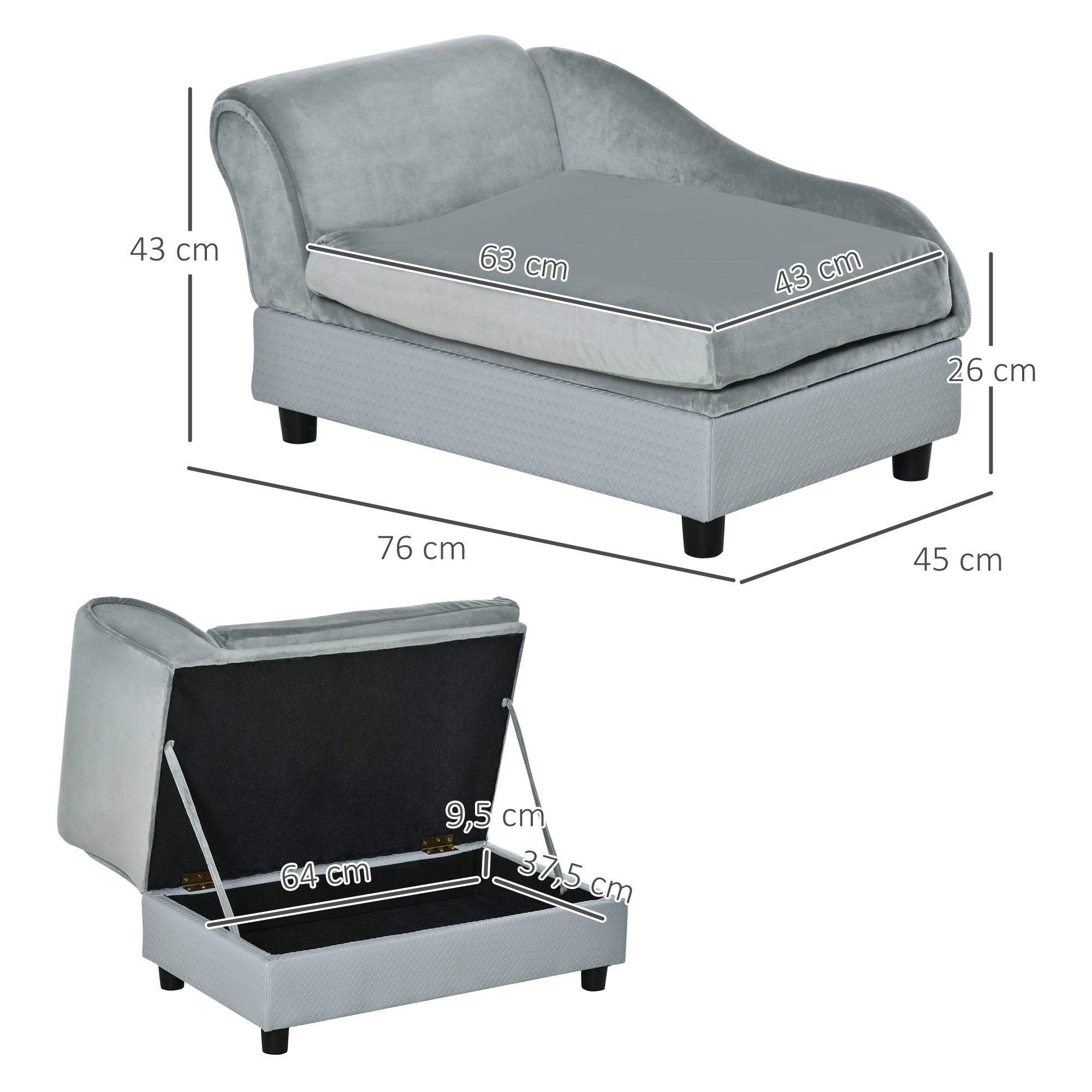 Canapé Chien Chat sur Pied avec Coffre de Rangement Style Moderne Coussin d'assise Amovible Grand Confort 76 x 45 x 43 cm gris clair - Image 5