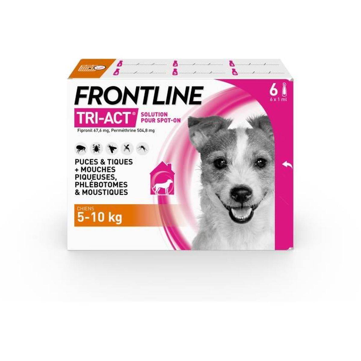 Frontline - Médicament antiparasitaire pour chien 5 à 10 kg, solution spot-on Tri-Act 6 pipettes - FRONTLINE - Imagen 1