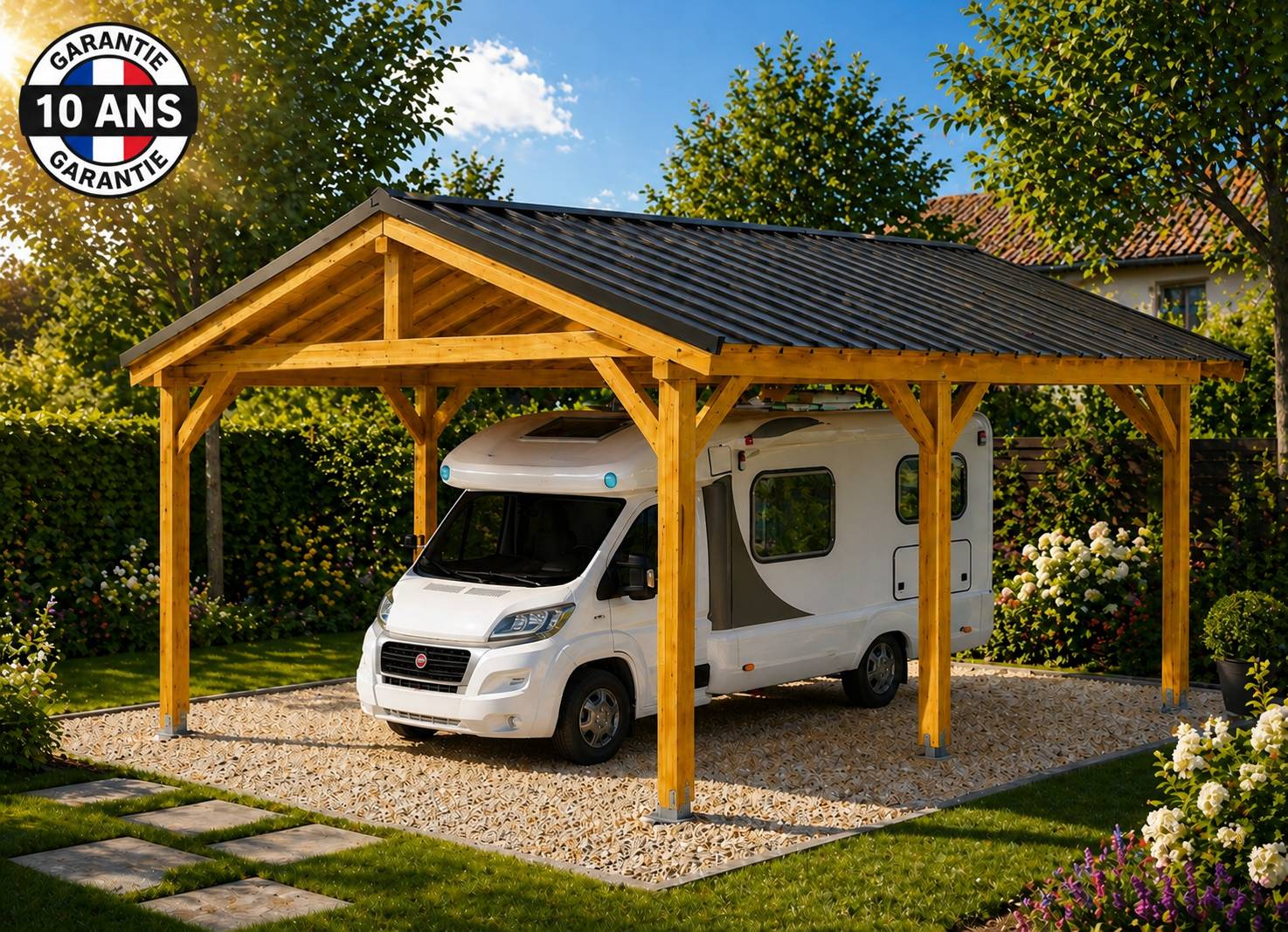 Carport bois 2 pentes 400cmx700cm Bois DOUGLAS Français label PEFC (Charpente - Auvent - Abri Camping-car) 28 m². Garantie 10 ans - Image 1