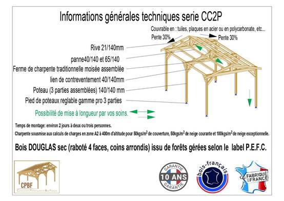 Carport bois 2 pentes 400cmx700cm Bois DOUGLAS Français label PEFC (Charpente - Auvent - Abri Camping-car) 28 m². Garantie 10 ans - Image 4