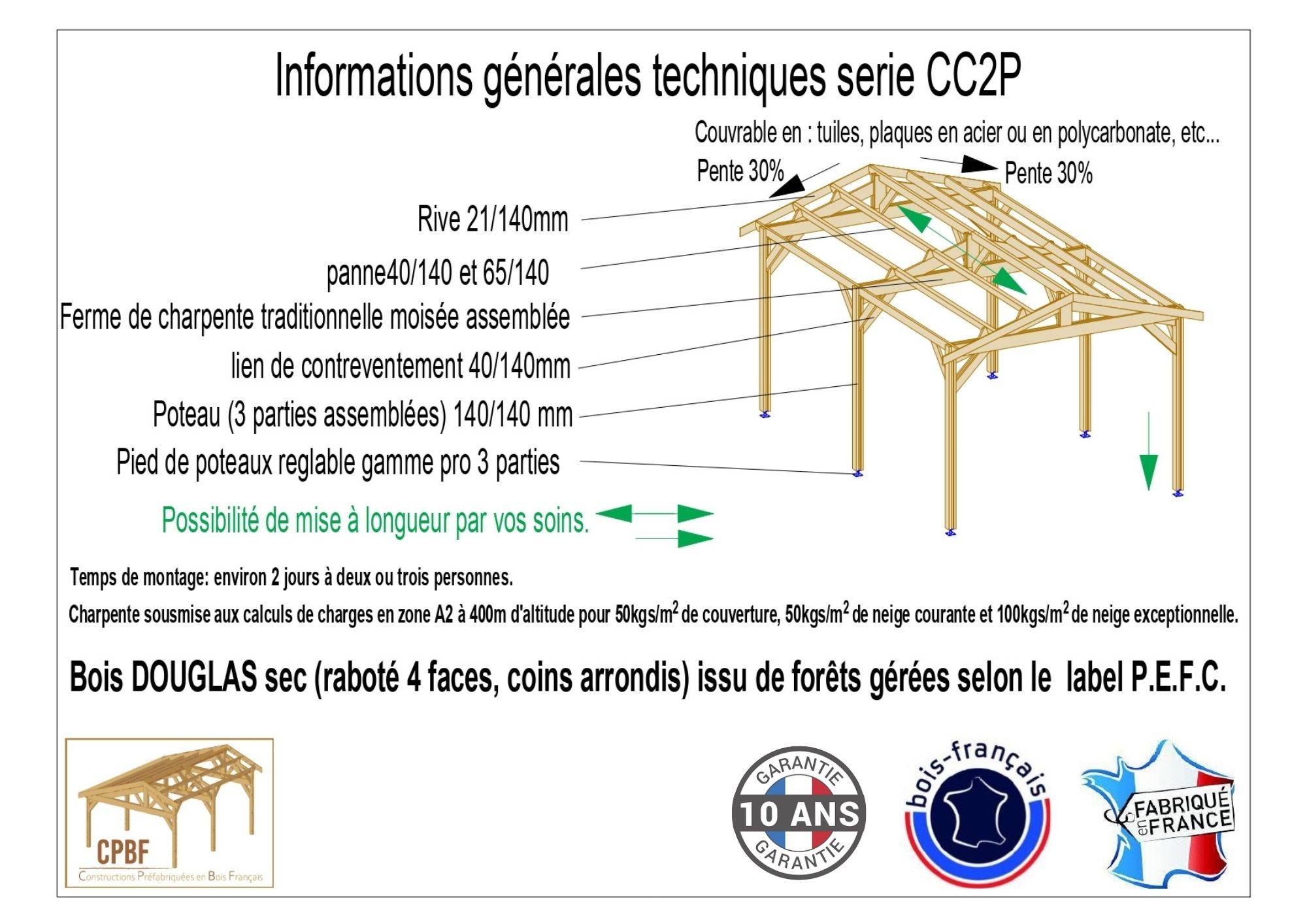 Carport bois 2 pentes 400cmx700cm Bois DOUGLAS Français label PEFC (Charpente - Auvent - Abri Camping-car) 28 m². Garantie 10 ans - Image 4