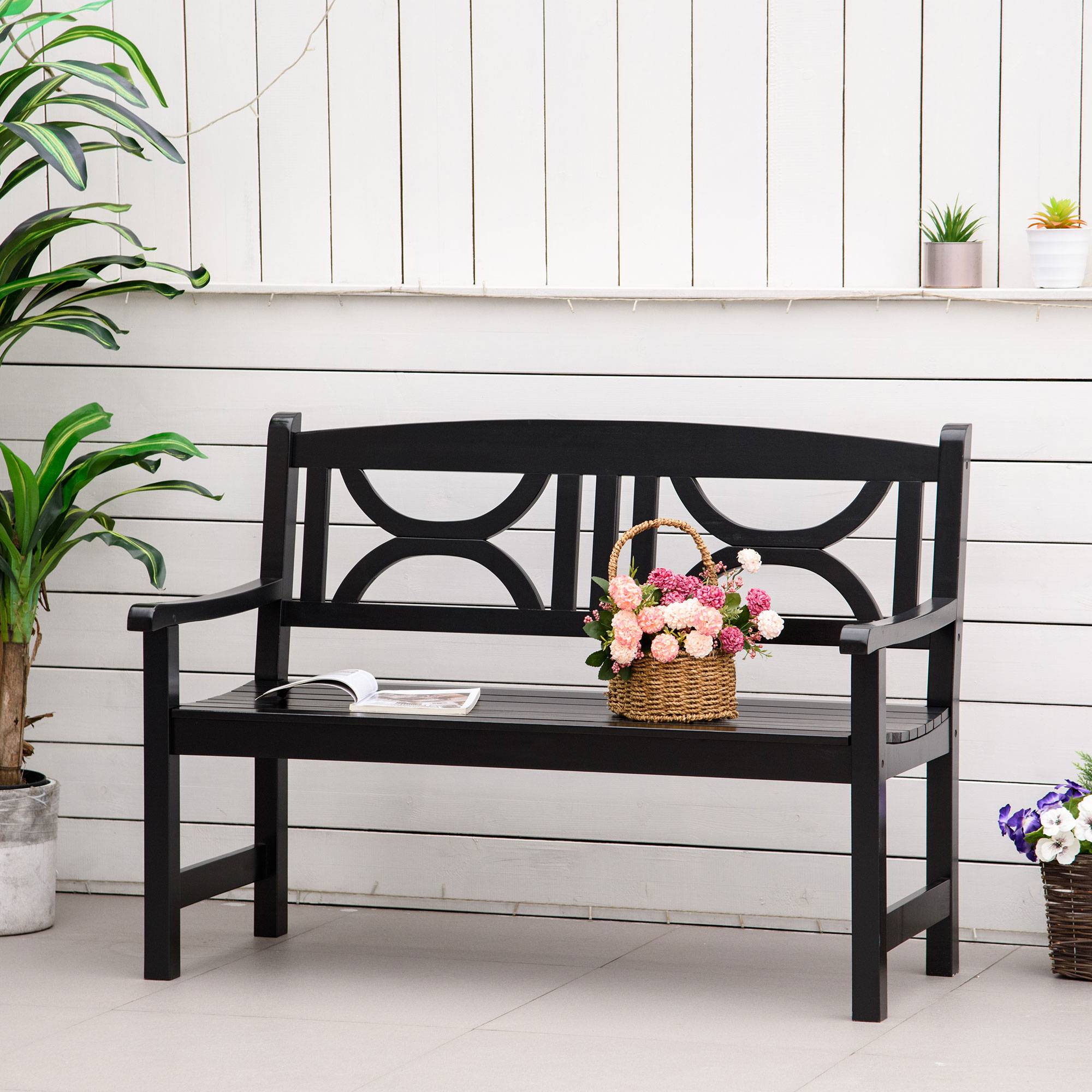 Outsunny - Banc de jardin 2 places style colonial dim. 123L x 61l x 89.5H cm assise à lattes dossier ajouré motif tribal bois peuplier noir - Outsunny - Imagen 2