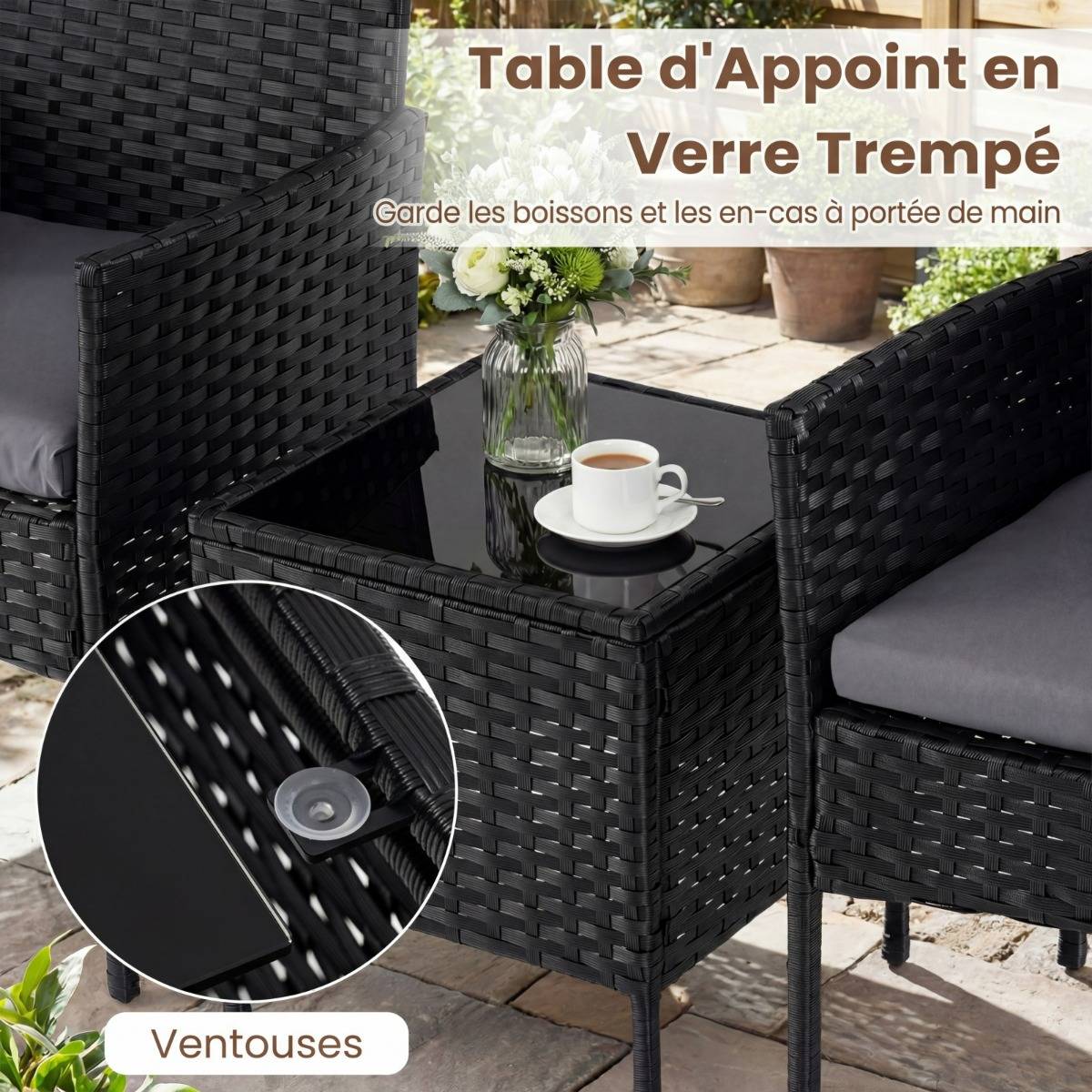 Ensemble Salon de Jardin 3 Pièces - Table et 2 Chaises Confortables en Verre Coussins Amovibles Gris MAISON CHIC - Image 7